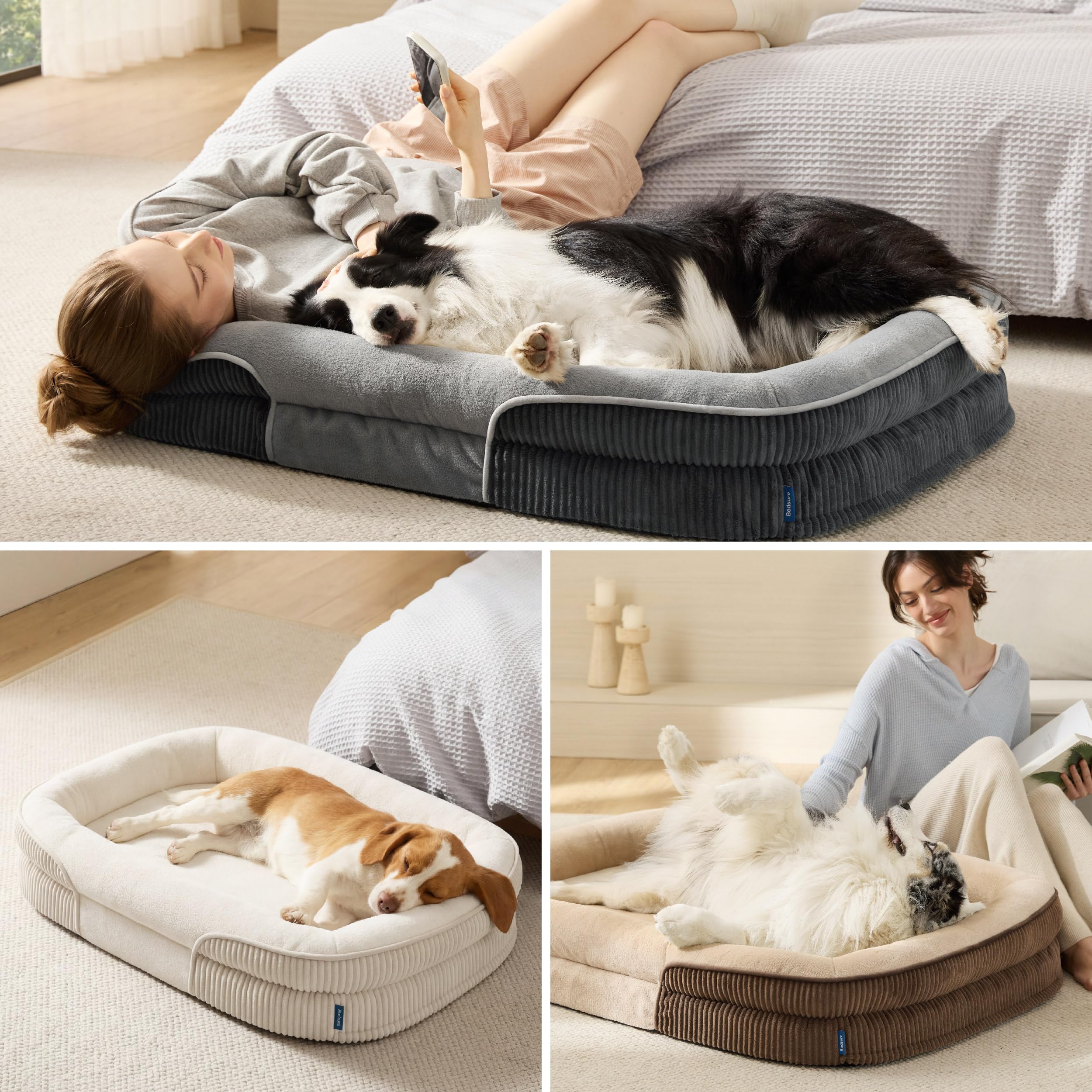 Bedsure Cama ortopédica para Perros Grandes, 97x71x18cm, Gris | 360° sofá-cama ovalado con borde elevado para perros mayores, funda impermeable y lavable, de felpa ultra suave