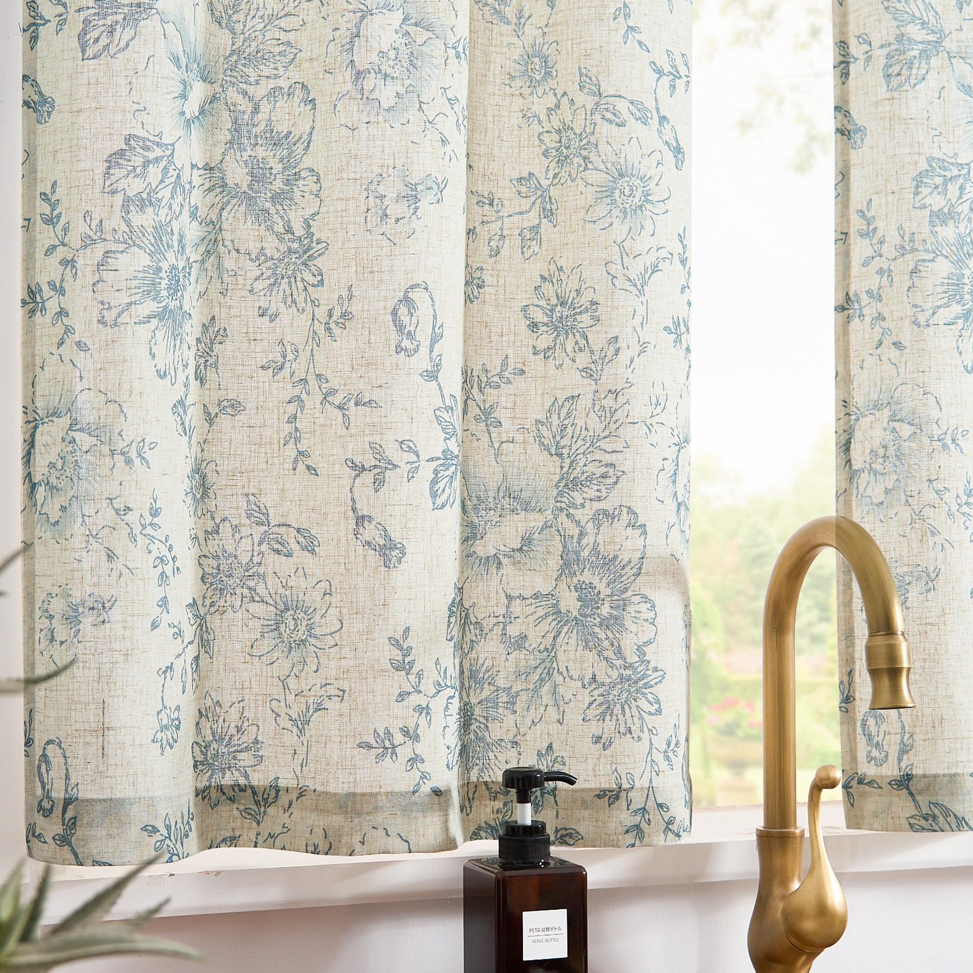 TOPICK Linen Blend Blue Floral Kitchen Curtains 24 Inch Drop Small Cafe Curtains Light Filtering Short Curtain Tiers for Bathroom Sink Rod Pocket 2 Panels - Image 3