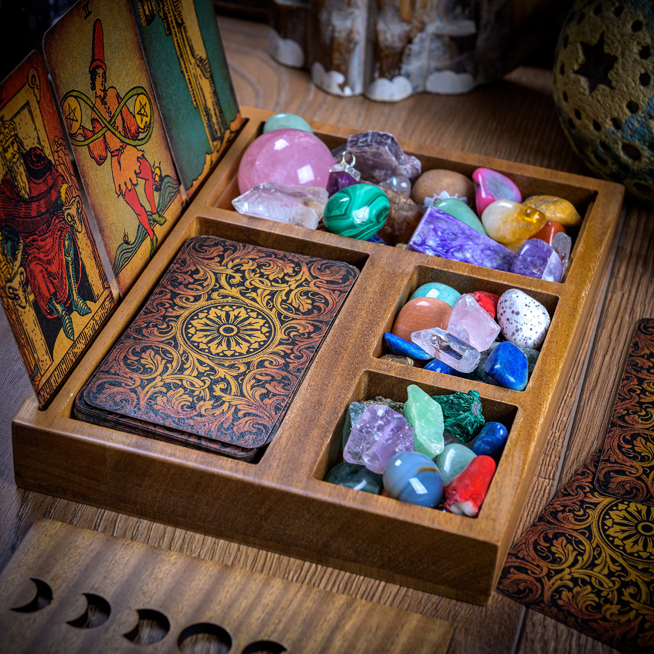 Boîte de rangement pour cartes de tarot avec 3 lectures immersives, support de cartes de tarot et support en cristal Design phase de lune Support de plateau de tarot et plateau en cristal