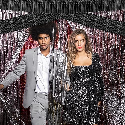 Miniatura 3 de Paquete de 10 guirnaldas de flecos de papel de aluminio negro de 10 pies con serpentinas metálicas de oropel para colgar en la pared, telón de fondo