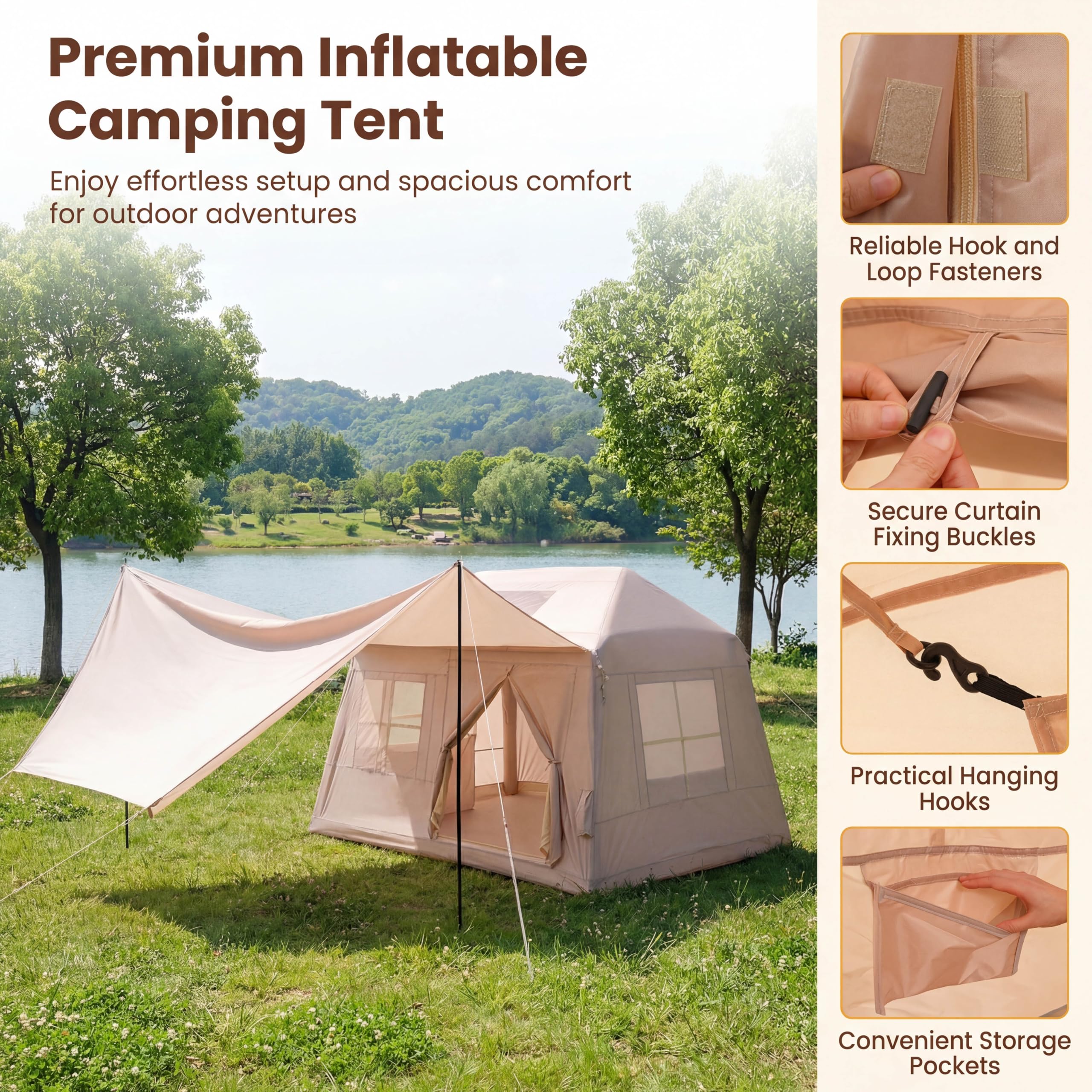 HOMASIS Tienda de Campaña Hinchable para 4-6 Personas | Tienda Inflable con Bomba, Puertas y Ventanas de Malla, Toldo y Bolsa de Transporte, Carpa Portátil para Camping, Senderismo