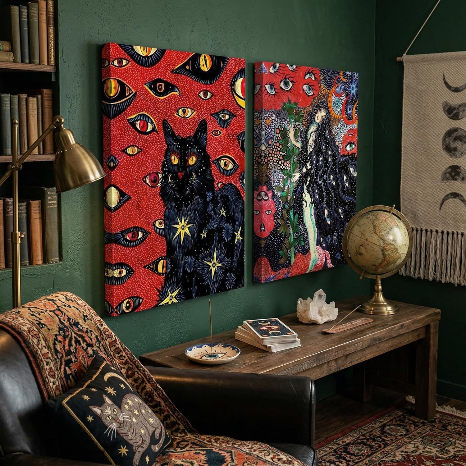 2Pcs Framed Black Cat Cohen Hippie Psychedelic Wall Art Retro Fun Cool Girl Mystical Animal Eyes Stars Canvas Posters Prints Cat Lovers Wall Decor Pictures Bedroom Living Room Dorm Decoration12x16in