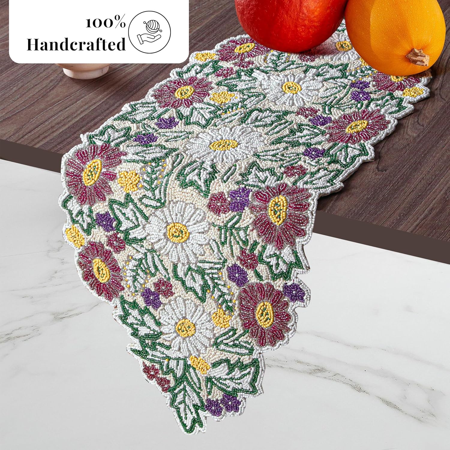 CLEENTABLE Luxury Beaded Table Runner - 13x36 Inches Handcrafted Spring Floral Design with Glass Beads & Polyester Back - Elegant Table Decor for Dining, Coffee Table & Events (Multi)