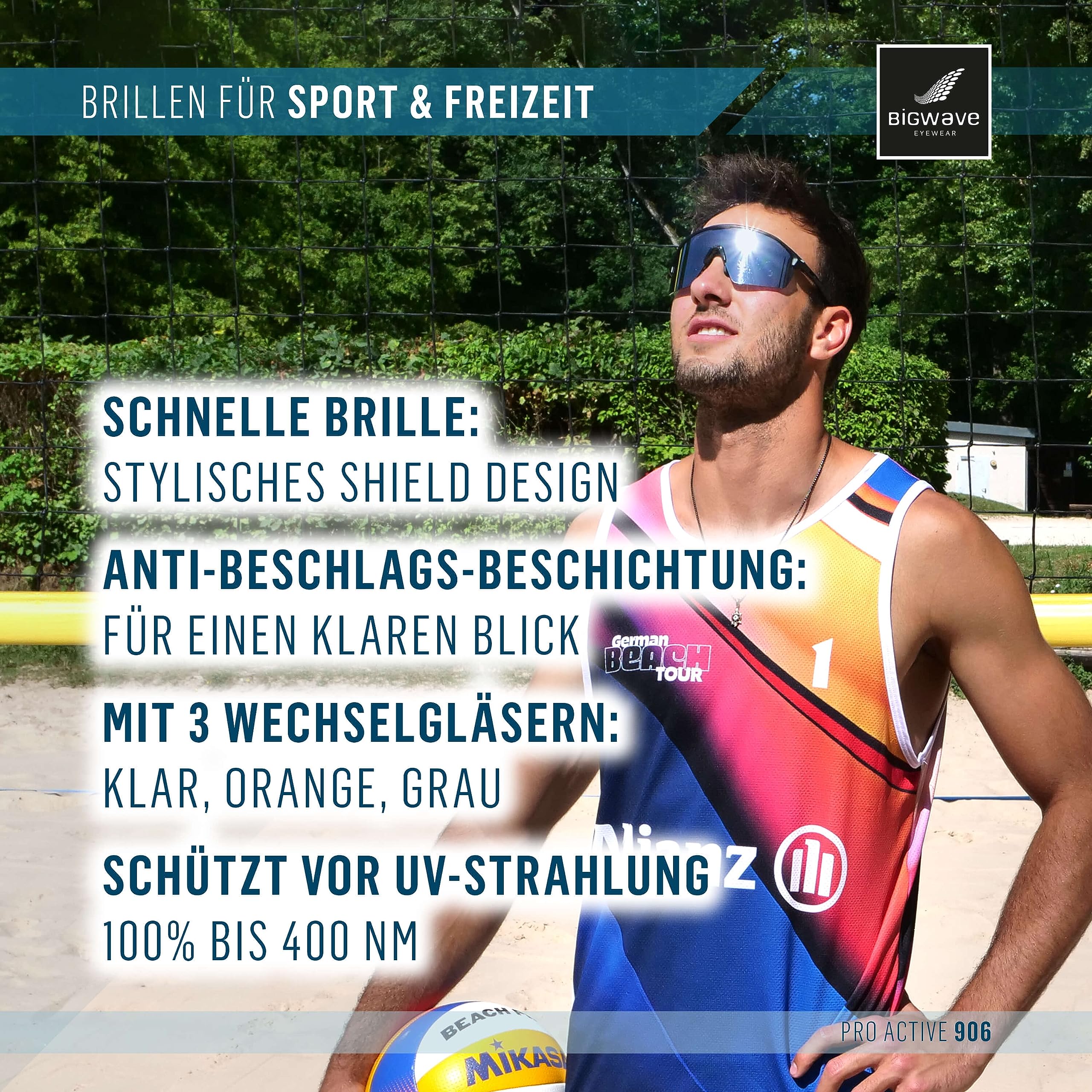 BIGWAVE Sportbrille aus bruchsicherem Grilamid TR90 – mit 3 superentspiegelten Wechselgläsern - Schnelle Brille im Shield-Design mit UV400 Anti-Beschlags-Beschichtung für Damen und Herren.
