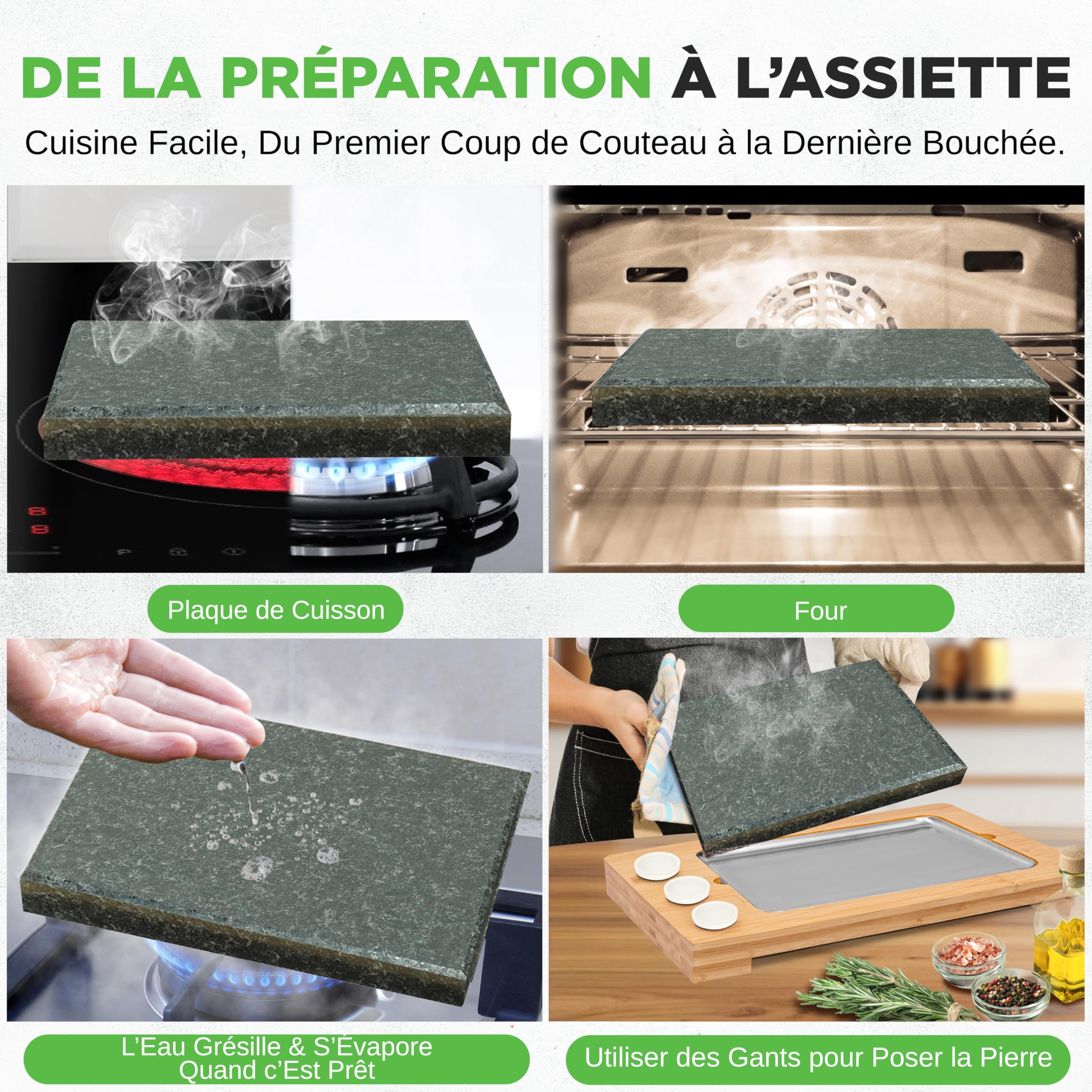NutriChef Set de Cuisine Pierre Chaude – Grill de Table Granit avec Plateau Bambou 1 pièce Cuisson sans huile pour Viande Poisson Végétarien Intérieur Extérieur, Céramique Noire