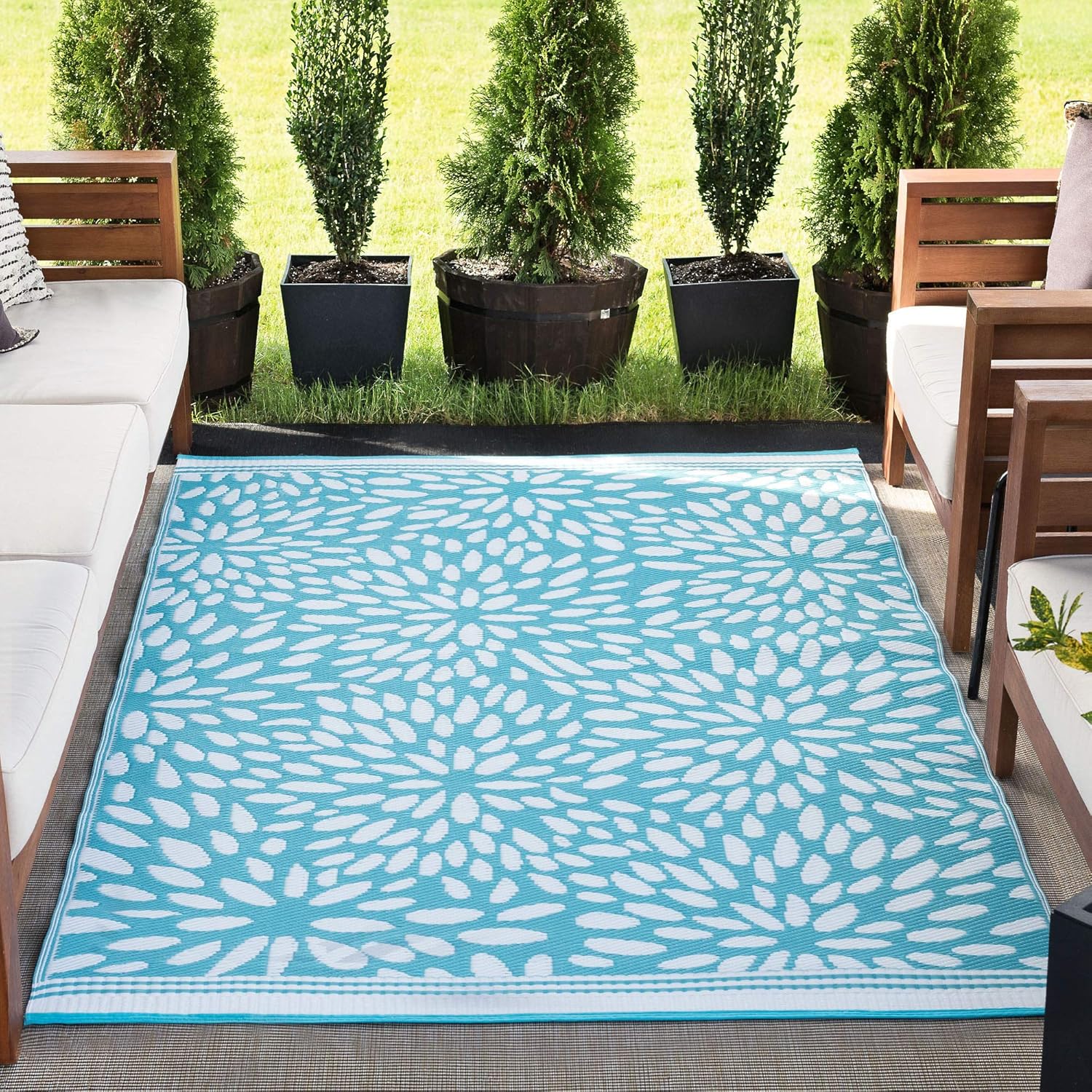 Tayse Nuala Aqua Reversible Plastic Straw Indoor Outdoor Rug 6x9 for Patios Garden Picnic Camping Mats Waterproof and Washable