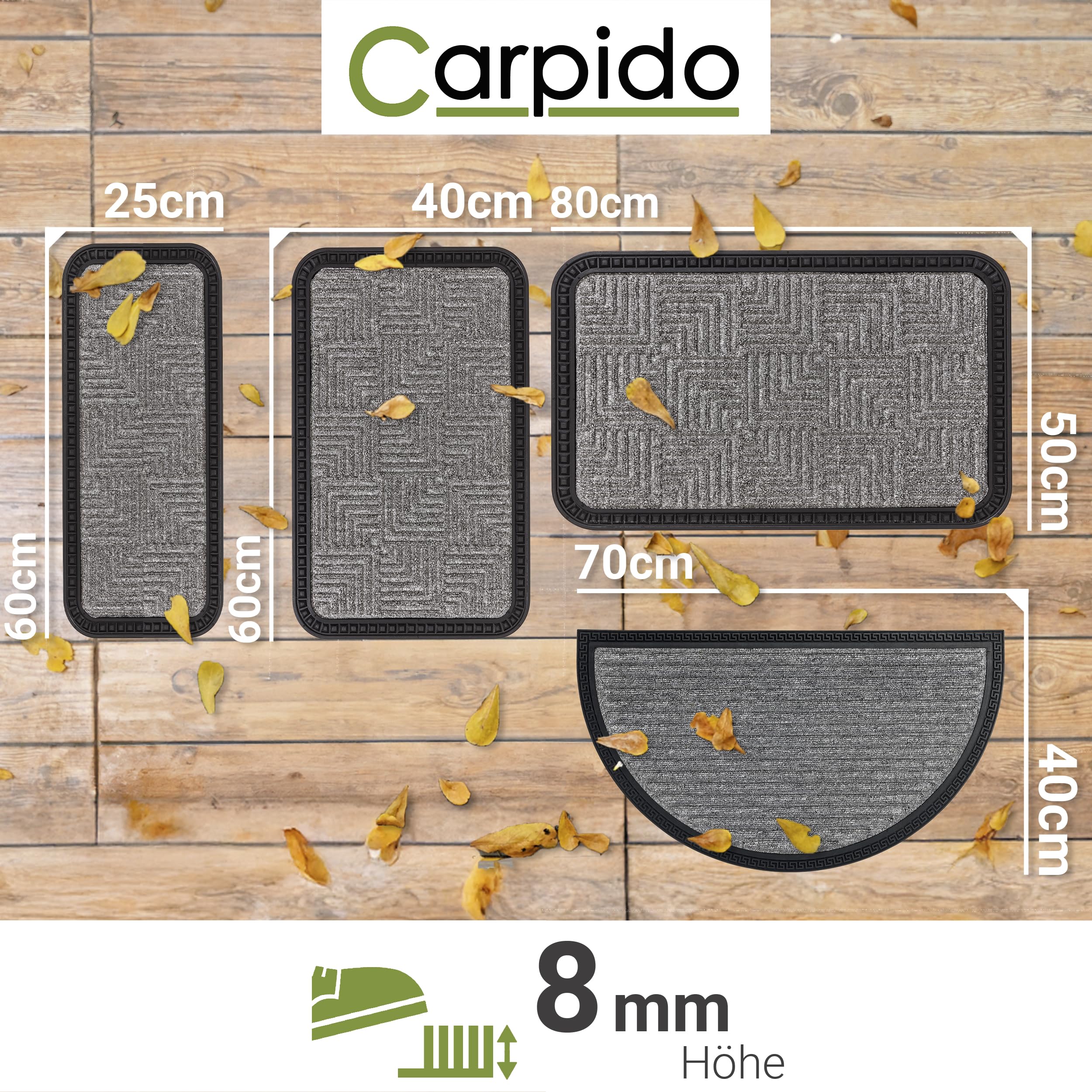Carpido Fußmatte Außen & Innen - 40x70 cm - Silber Linien halbrund - Türmatte rutschfest - Schmutzfangmatte sehr strapazierfähig - Fussmatte aussen Stufen