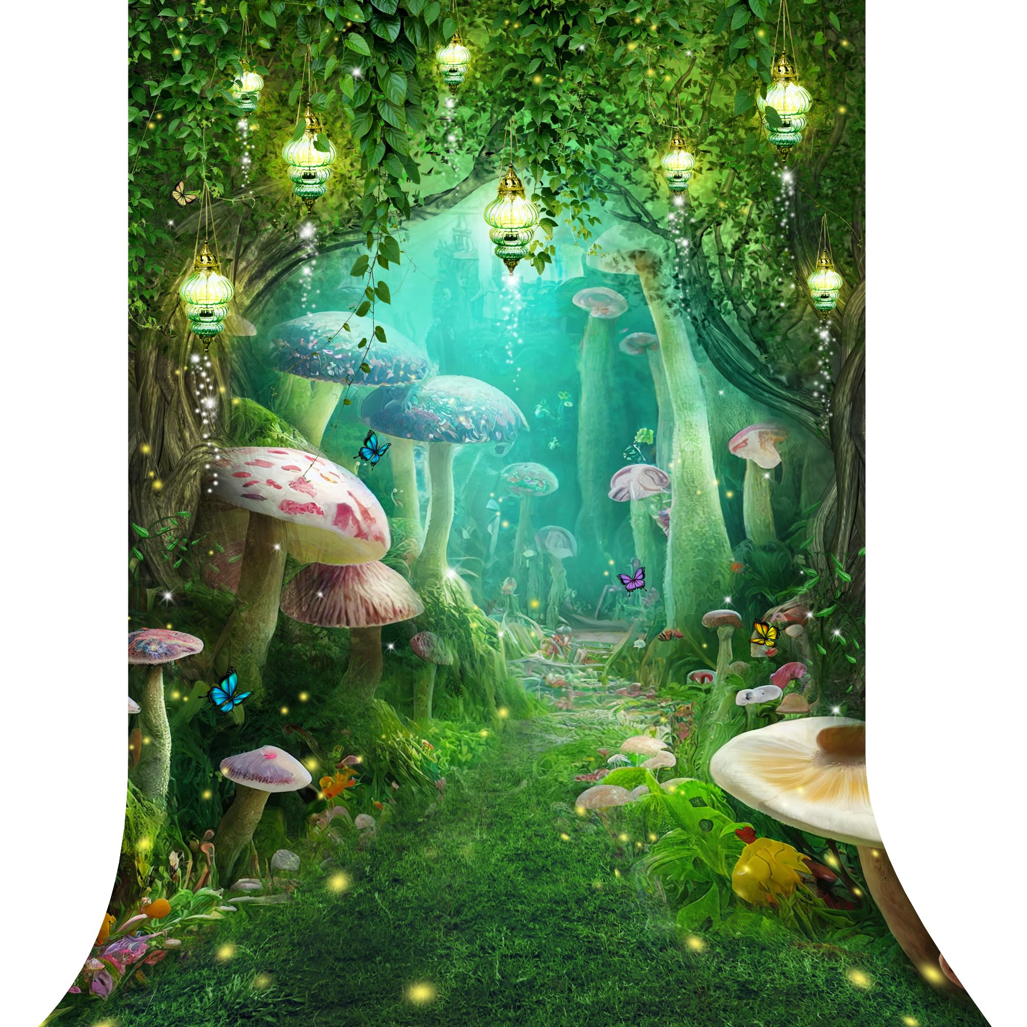 Riyidecor Enchanted Backdrop Polyester Fabric Greenery Garden Wonderland Fairy Tale Mushroom Butterfly Woodland Plant 5W*7H Feet Fantasy Photography
