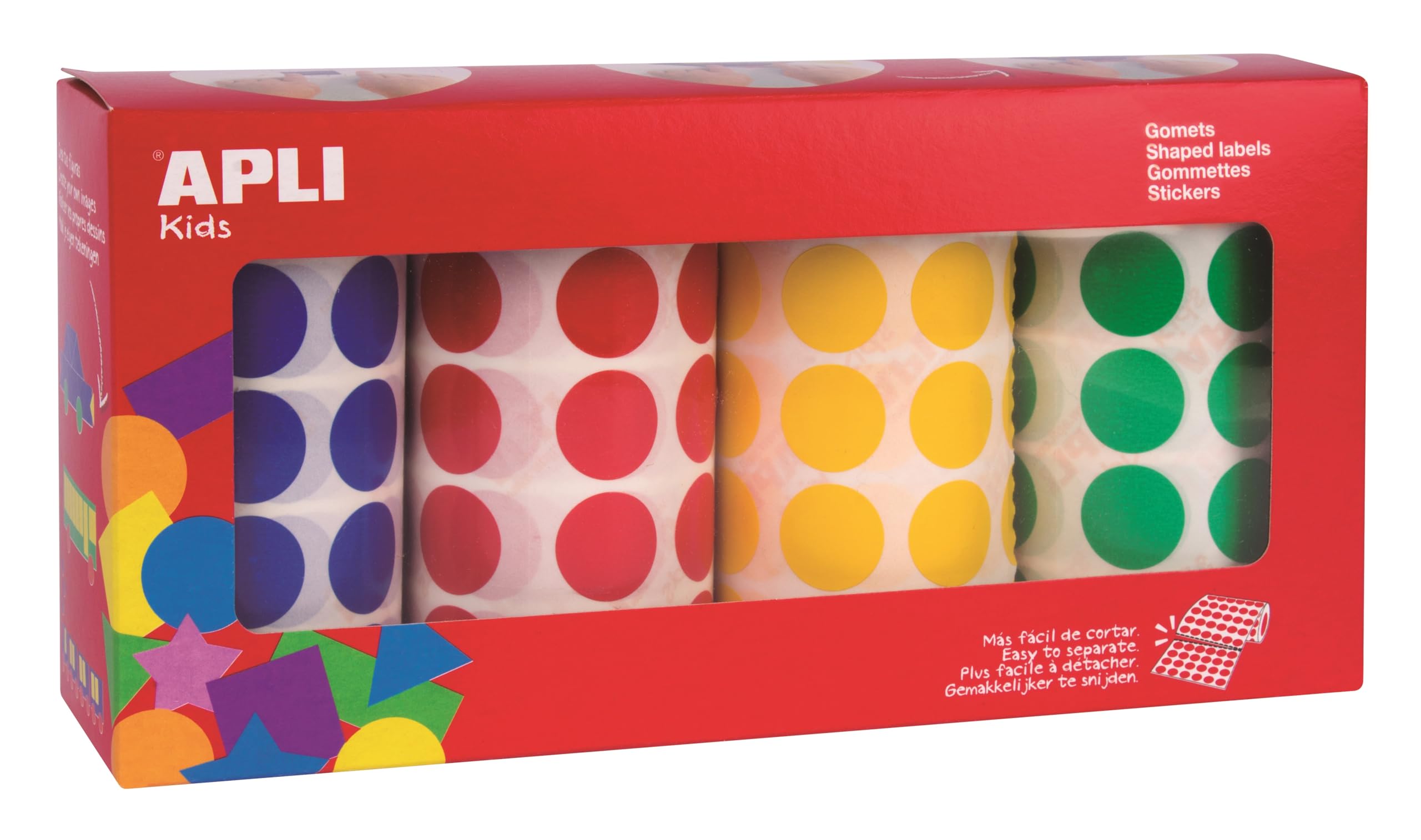 APLI Kids 13793 - Pack 4 rollos de gomets redondos, 20 mm, colores azul,rojo, amarillo y verde 7.080uds