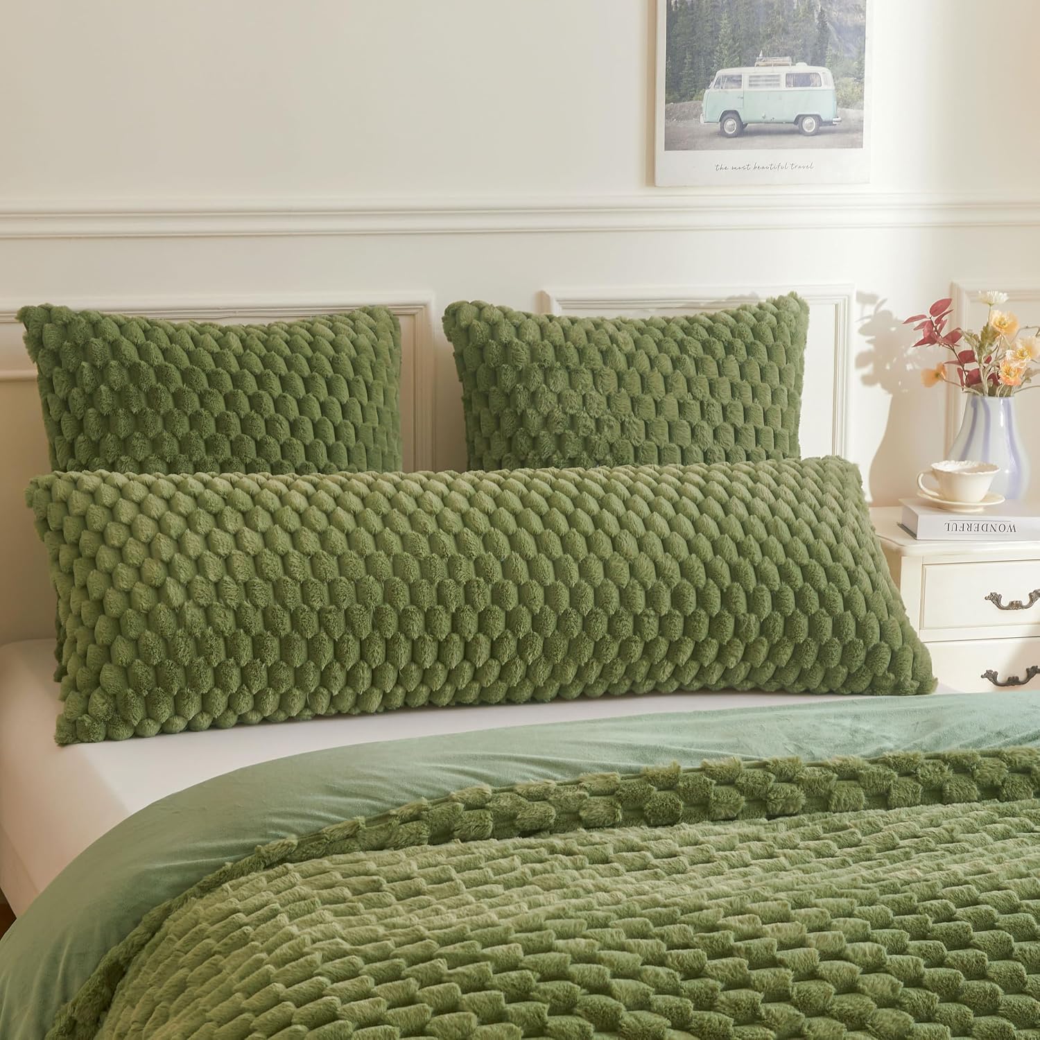 XeGe 3D Bubble Fluffy Faux Rabbit Fur Body Pillow Cover 20x54, Sage Green | No-Shed, Hidden Zipper, Washable, Luxury Buttery Soft Body Pillow Case for Bed Couch Sofa, Accent Farmhouse Home Dorm Decor