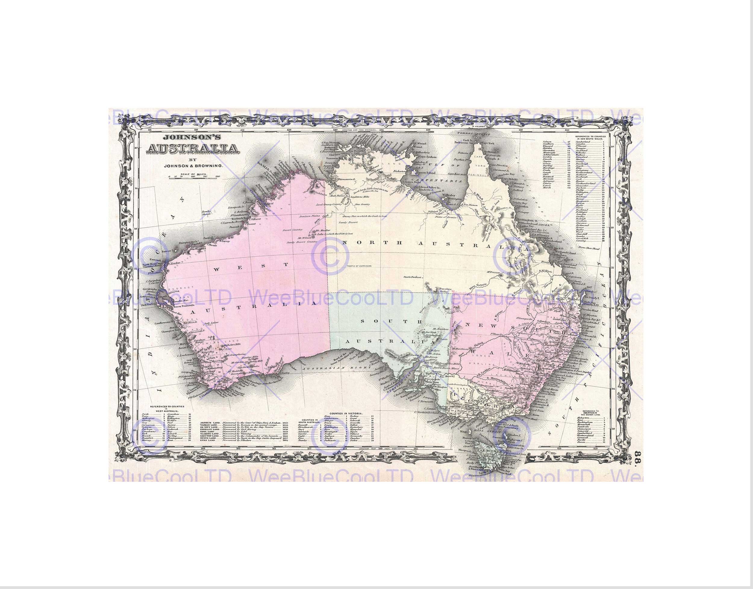 Wee Blue Coo 1861 Johnson And Browning Map Australia 1st Edition Vintage Art Wall Art Print