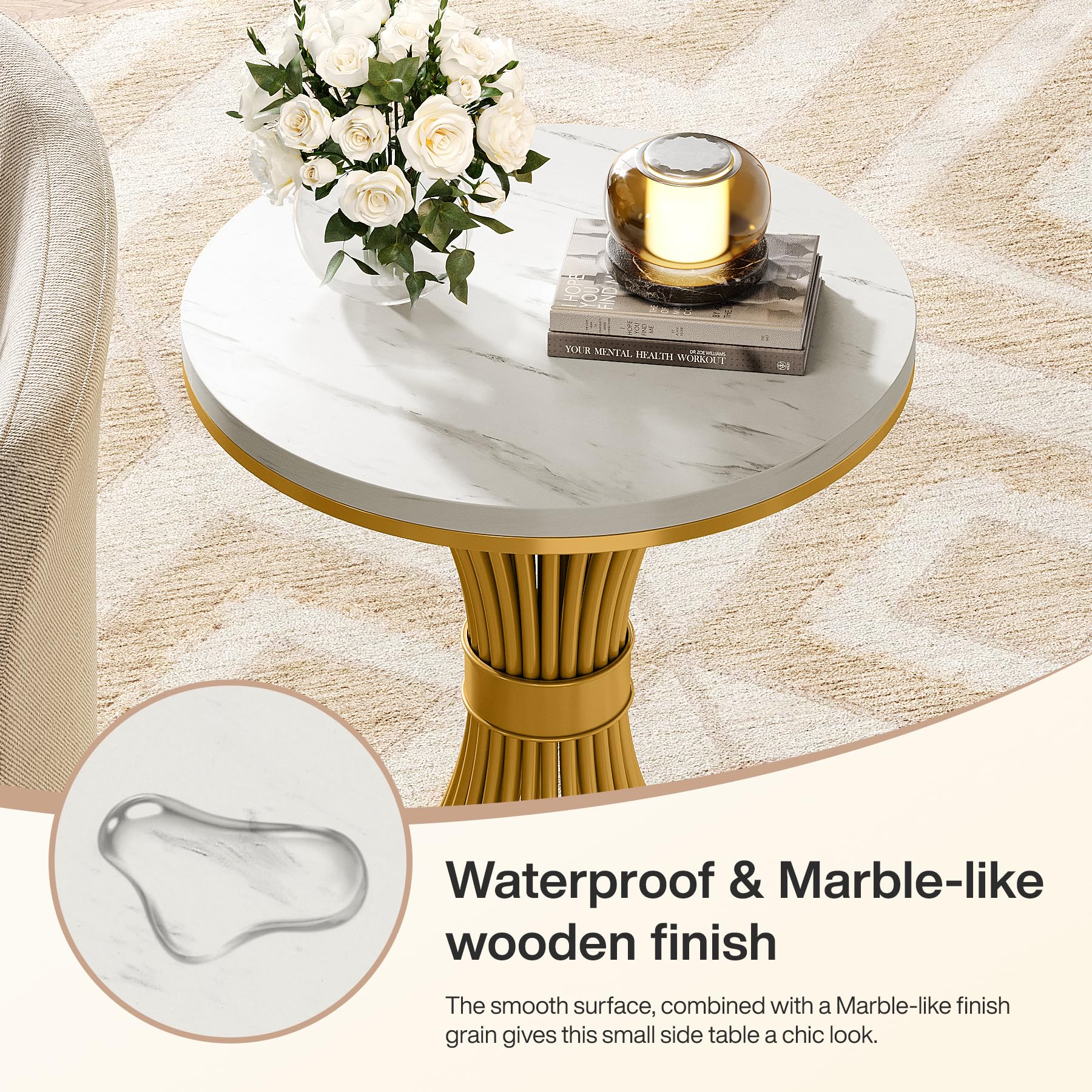 Tribesigns Round End Table, Modern Faux Marble Side Table with Gold Metal Base, Small White Gold Bedside Nightstand, Wooden Accent Table for Living Room, Bedroom, Sofa Side, White & Gold