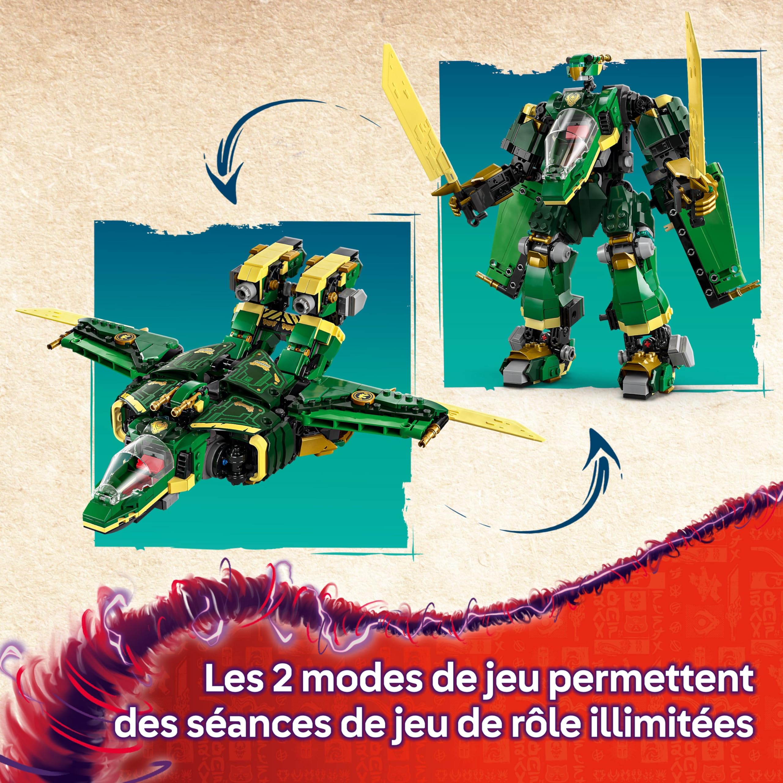 LEGO Ninjago L’Avion-Robot De Lloyd - Figurine Articulée Modulable en Jet - 5 Minifigurines Dont Sora & Lloyd - Figurines De Moto & Dragon - Cadeau pour Garçon Dès 9 Ans & Fans De La Série TV 71845