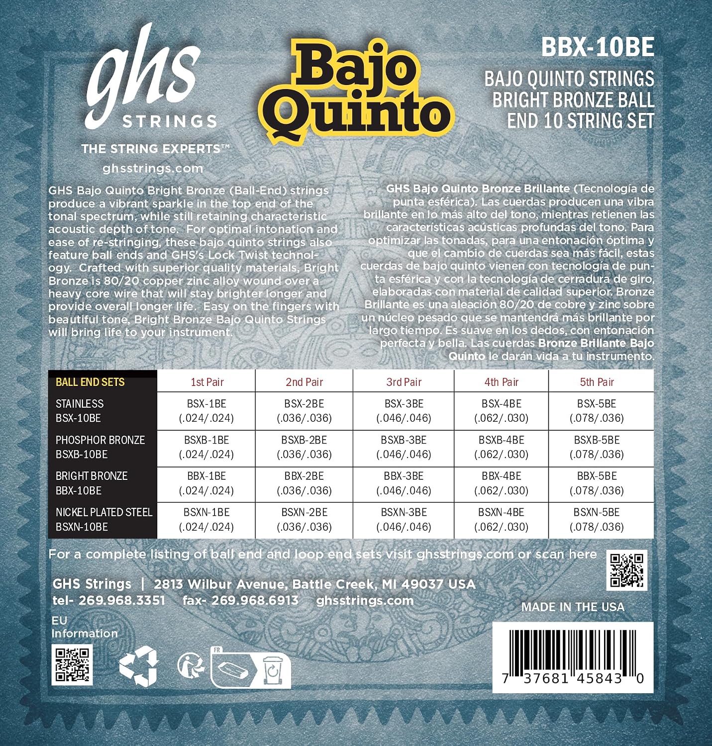 GHS Strings - Bajo Quinto 10-String Set - Bright Bronze - Ball-End - Model: BBX10-BE Set
