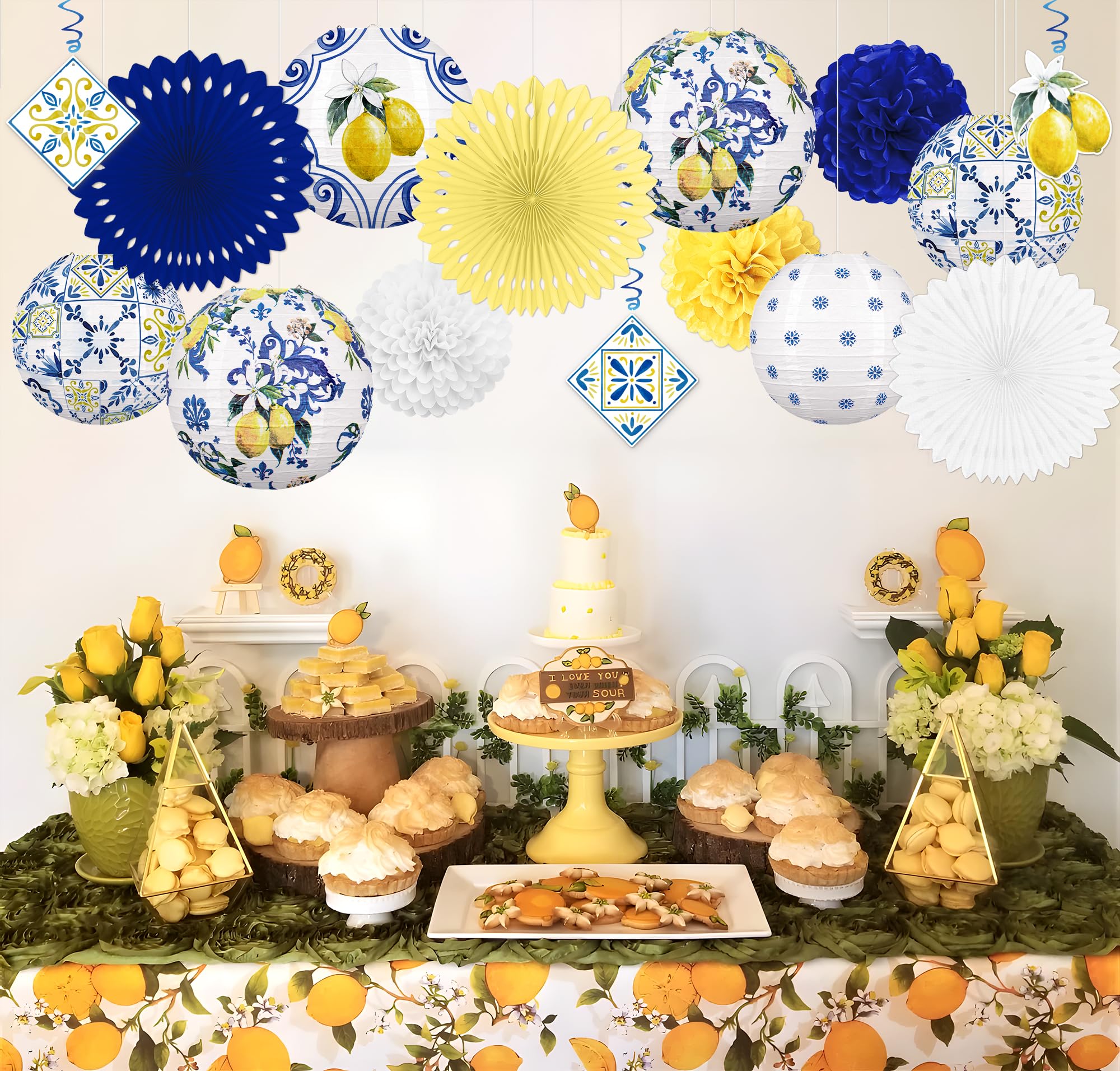 Lot de 15 lanternes en papier citron pour décorations de fête : côte amalfitaine Capri jaune et bleu Carreaux méditerranéens à suspendre pour fête prénuptiale, anniversaire, mariage – Style 2