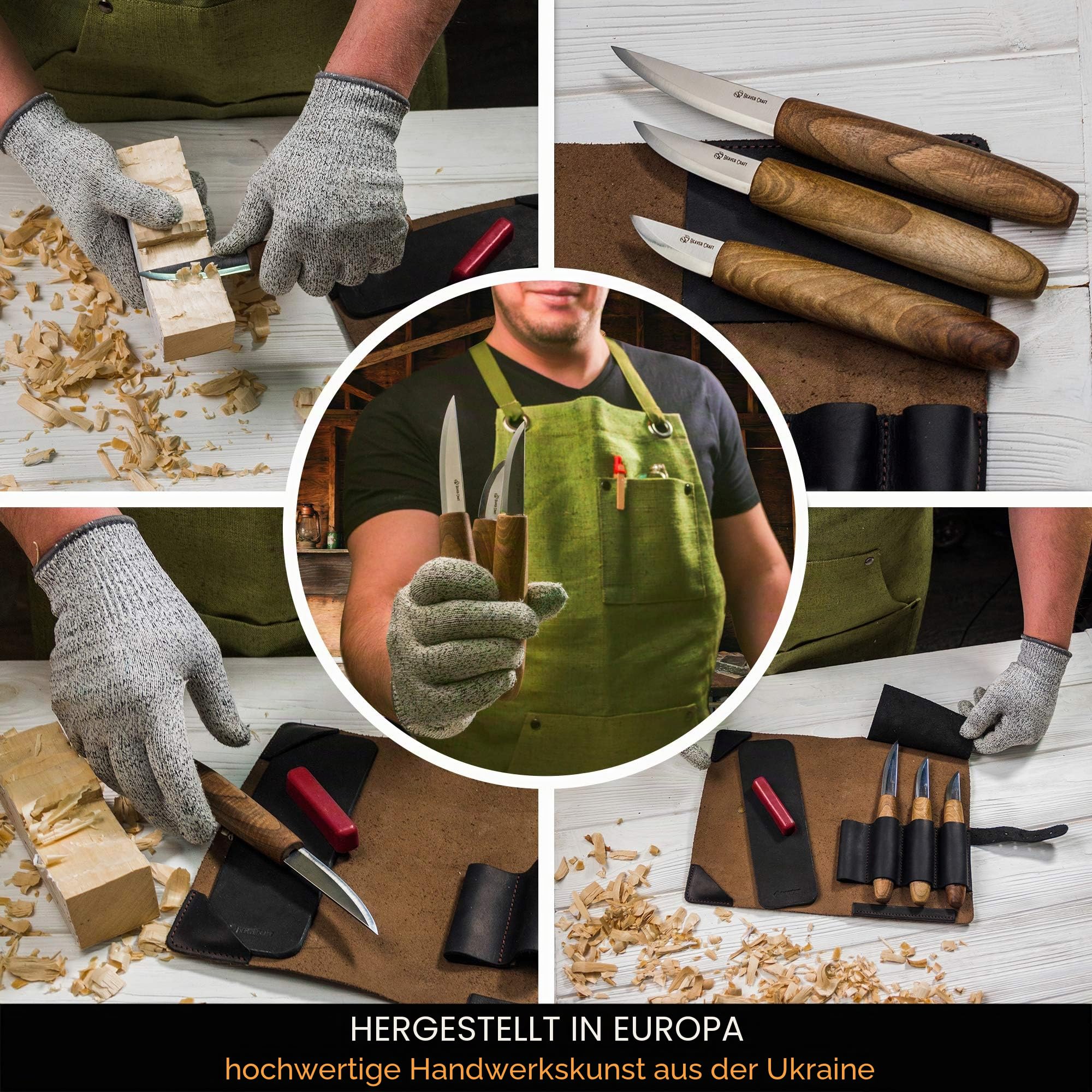 BeaverCraft Deluxe Holzschnitzwerkzeug-Kit S19x - Schnitzkit Holzschnitzmesser-Set mit Lederstreifen und Poliermittel im Lederwerkzeug-Rollbeutel (Schnitzkit S19x)