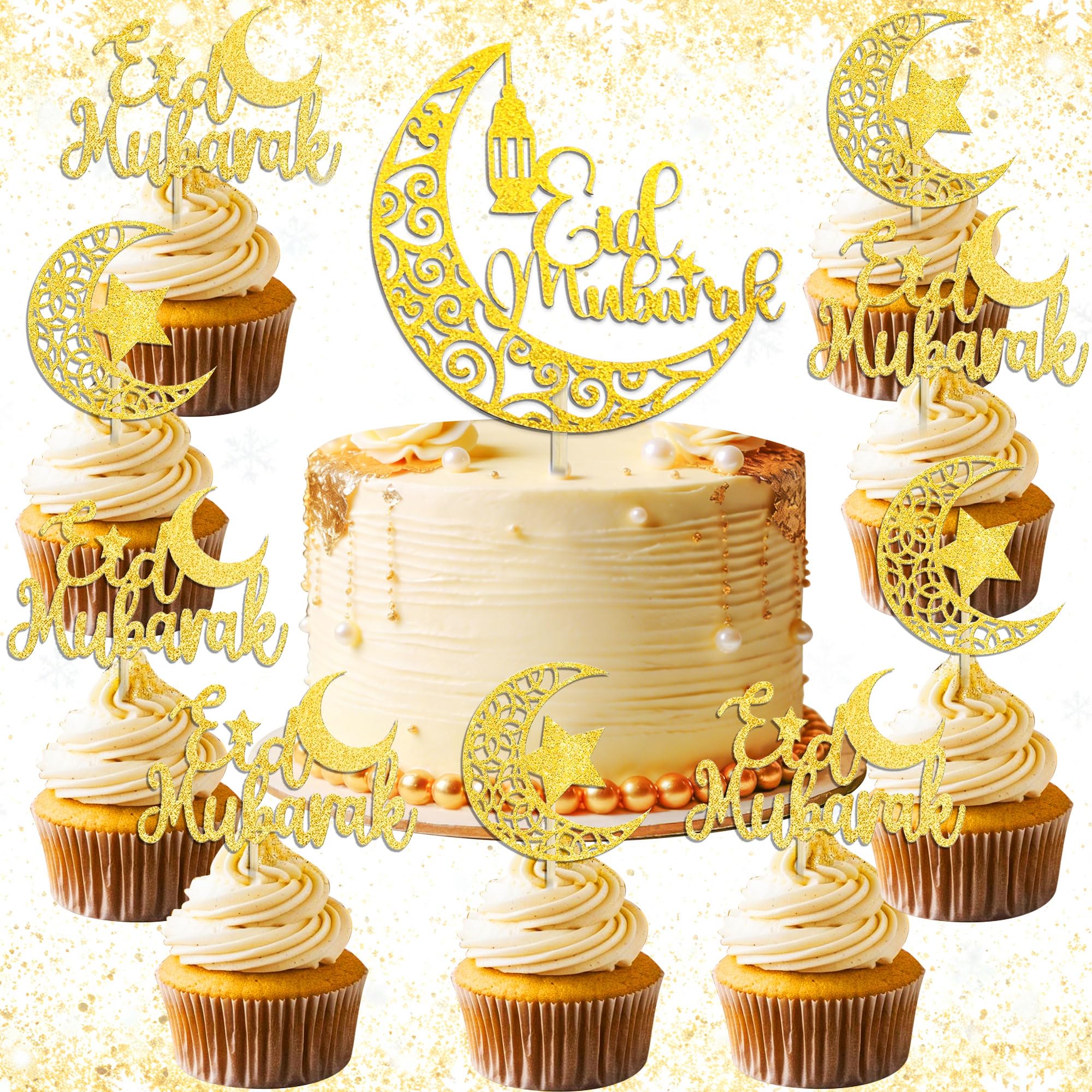 LaVenty Gold Eid Decorations Supplies Moon Stars Cake Cupcake Food Decor for Mubarak Decorations 13 PCS