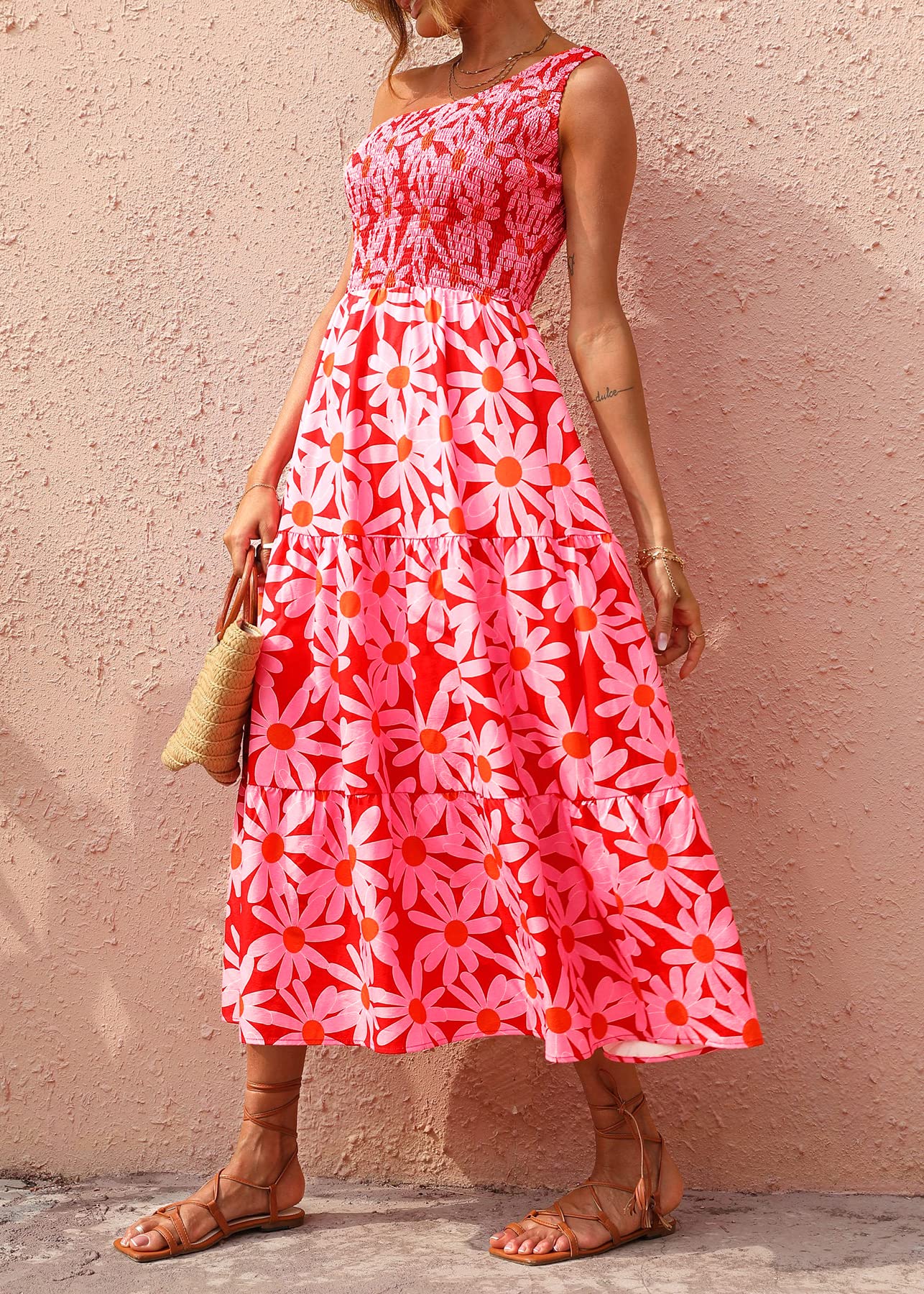 BTFBM 2025 Summer One Shoulder Dresses for Women Casual Sleeveless High Waist Floral Flowy Smocked Boho Beach Maxi Dress