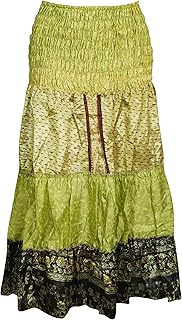 Mogul Interior Women's Sari Skirt Vintage Silk Lime Green Tiered Ruched Waist 2 in 1 M