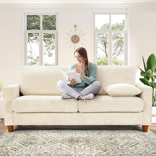 Kidirect 70in Beige White Sofa, Couches for Living Room 21in Extra Deep Seats, Comfy Corduroy Sofas for Living Room No Tool Assembly, Modern Oversized Love Seat with 2 Pillows, Sofa Couch for Bedroom