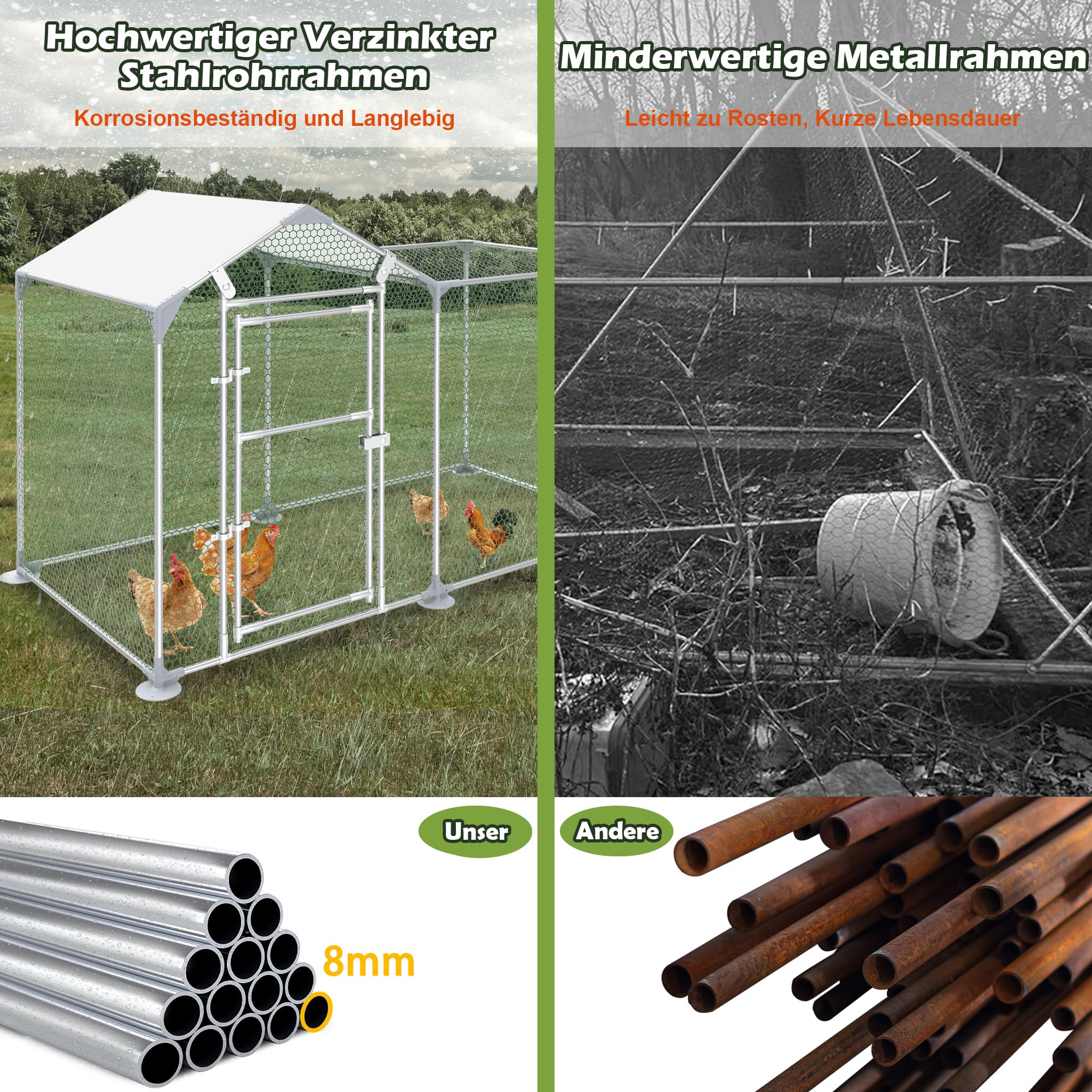Gallinero de acero galvanizado, 3 x 1 x 1,5 m, con protección solar, techo, jaula para gallinas, cercado para gallinas, jaulas de aves de corral para gallinas, animales pequeños, aves de