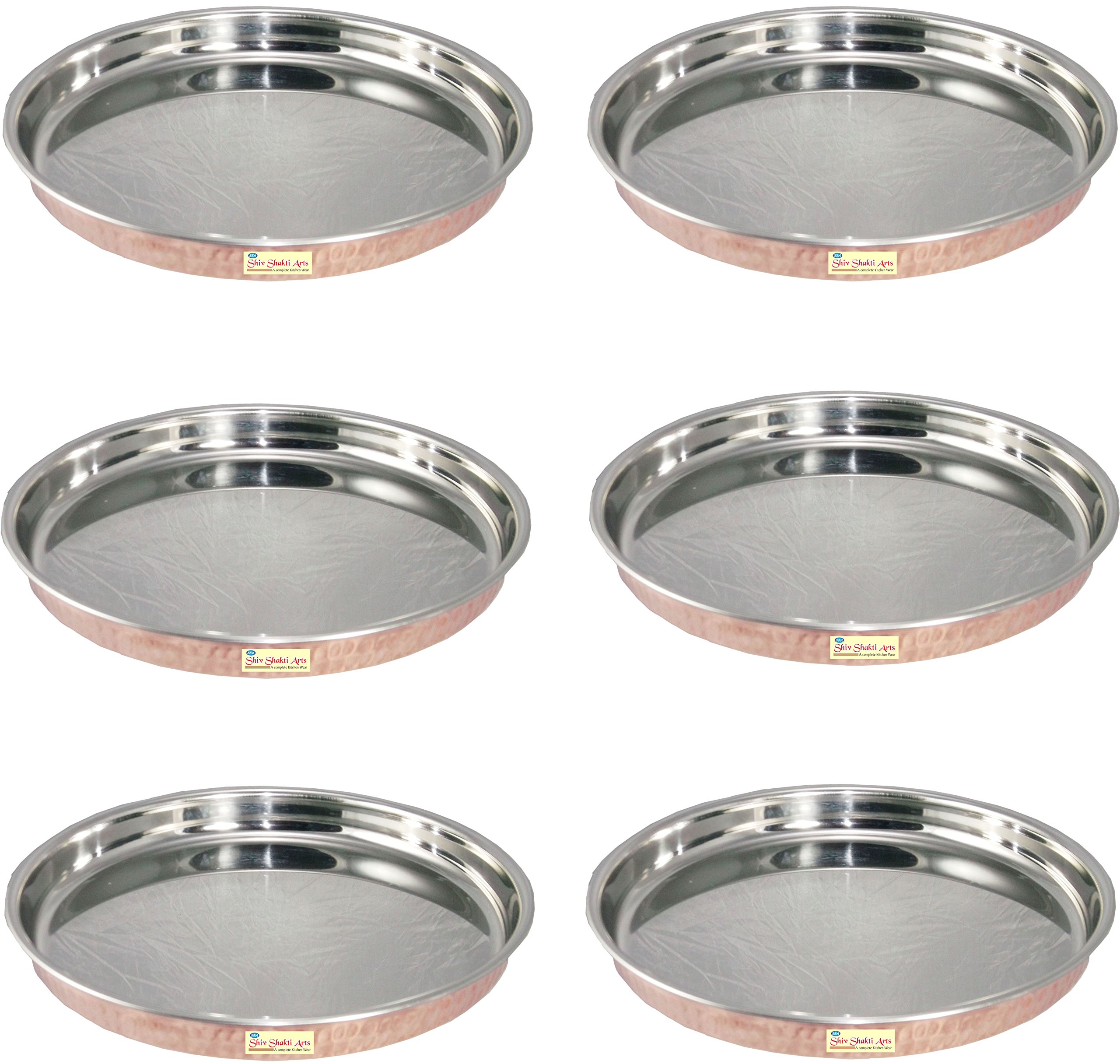 SHIV SHAKTI ARTS Handmade Set of 6 Steel Copper Thali Plate for Dinnerware Diameter=12"inch