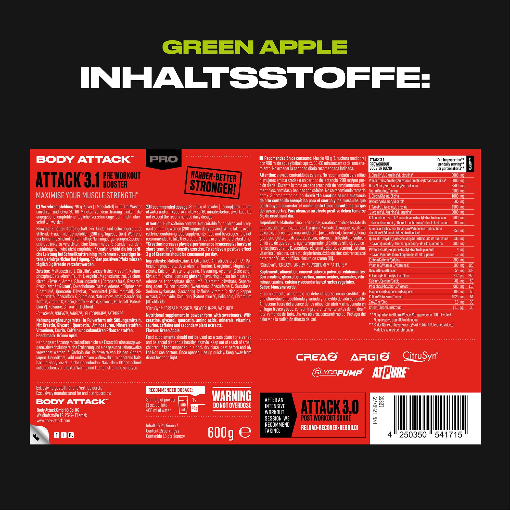 Body Attack PRE WORKOUT BOOSTER – Green Apple, 600 g - Hochdosierter Pump Booster mit Koffein, L-Arginin, Taurin & Creatin - Speziell entwickelt für Bodybuilding & Muskelaufbau Training