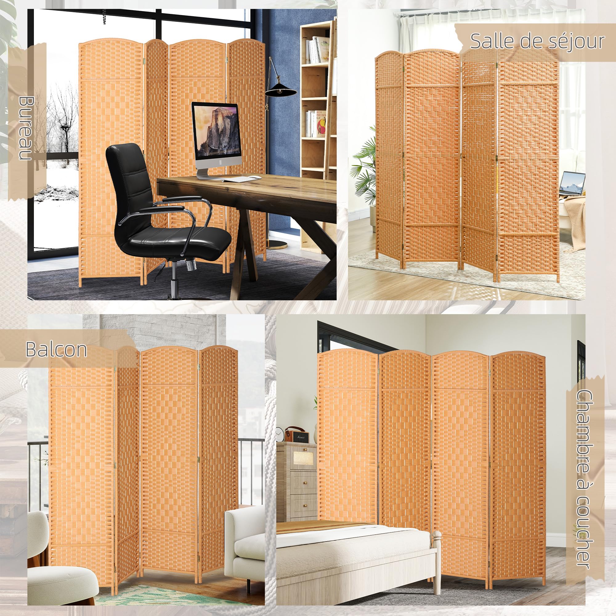 HOMCOM Paravent Intérieur en Bois, 4 Panneaux, 180 x 180 cm, Séparateur de Pièce Pliable, pour Salon, Chambre à Coucher, Maison, Brun Clair