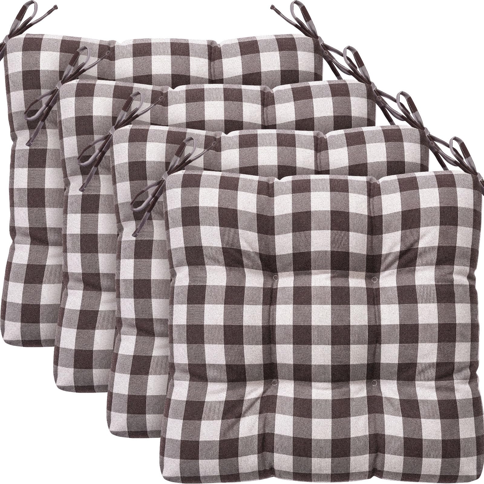 Geetery 4 Pack Plaid Chair Cushions, 16" x 15", Coffee Brown and White