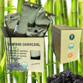 Dehumidifier Without Electricity - Car Dehumidifier - Activated Carbon Dehumidifier - Odour Neutraliser - Air Purifier and Humidifier for Sharank & Shoe Cabinet - Reusable - 4 Bamboo Charcoal Bags