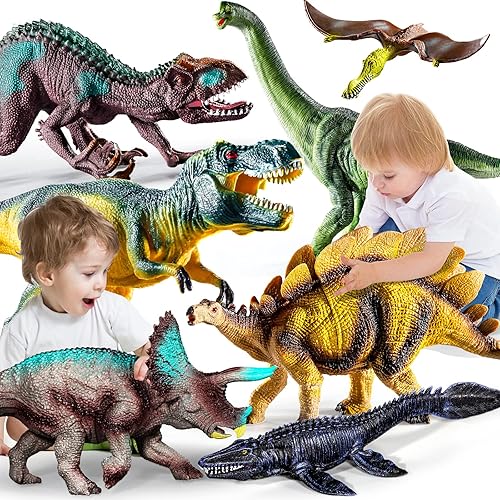 TEMI 7 Piece Realistic Dinosaur Toy Set for Kids - Large Figures for Dinosaur Lovers, Perfect Dinosaur Party Favors and Gifts