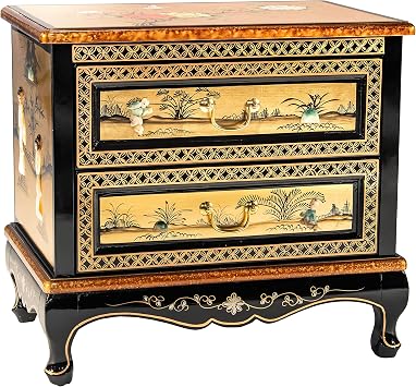 Red Lantern Hand Crafted Artisanal Gold Lacquer Two-Drawer Chest - Royal Ladies