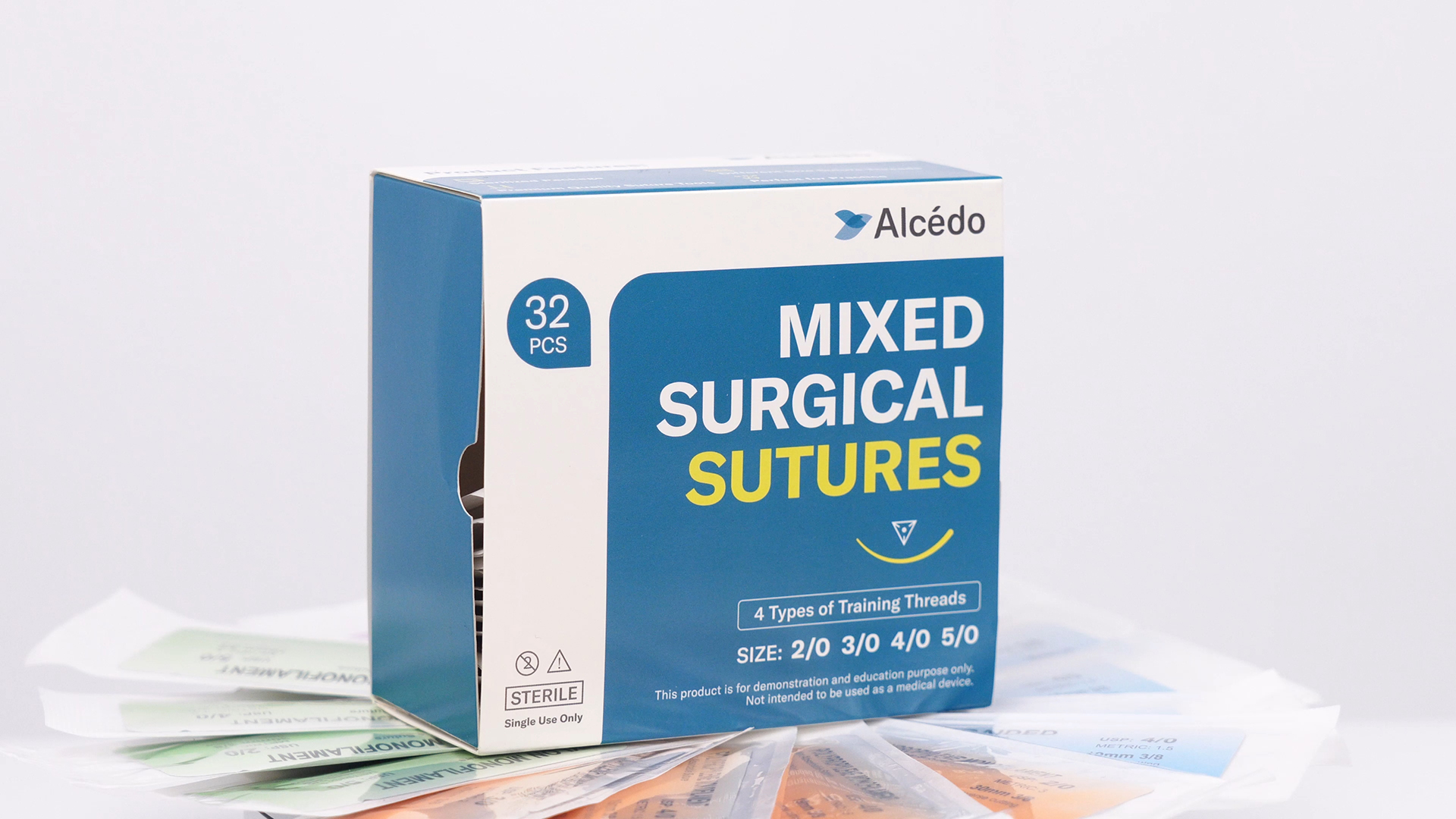 Image of Alcedo Suture Thread with Needle 32 PK (2 /0, 3 /0, 4 /0, 5 /0), Non-Absorbable (Nylon, Silk, Polyester, Polypropylene) for Nursing and Students, First Aid Practice Kit Accessories, Education Only