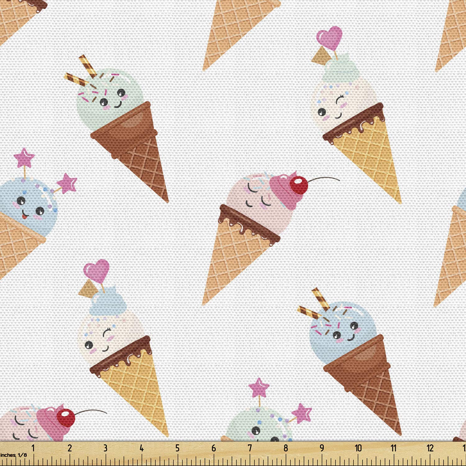 AmbesonneIce Cream Fabric by The Yard, Tasty Cold Summer Treats Foods on Cones Kawaii Style Illustrated Pattern, Decorative Fabric for Upholstery and Home Accents, 2 Yards, Beige Brown