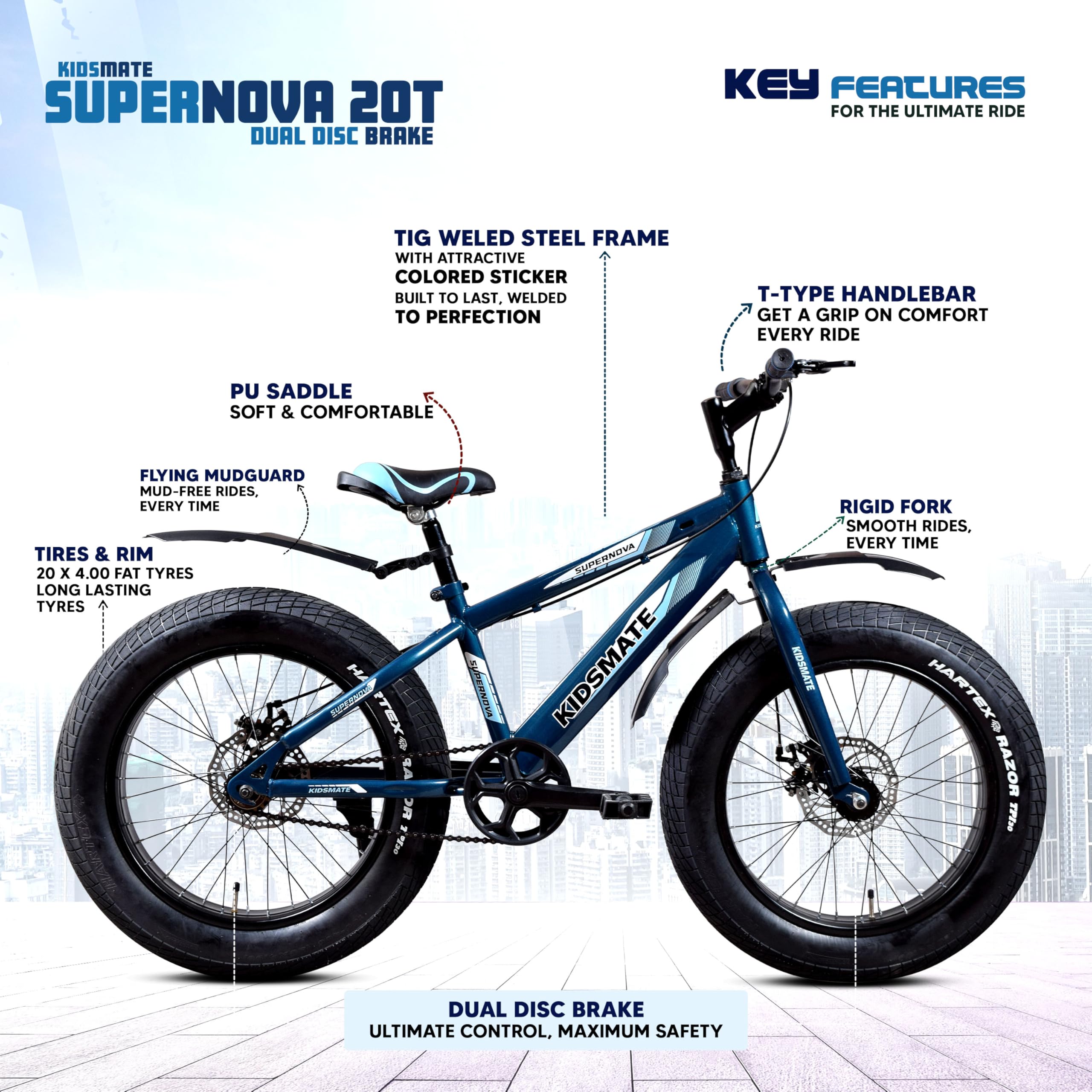 Kidsmate Supernova 20T Fat Tire Cycle for Kids (7–10 Years) | Dual Disc Brake Bicycle with Rigid Fork | 20 x 4.0 Wide Tyres, Strong Steel Frame Bike for Kids - Stelios Blue — Amazon image 7