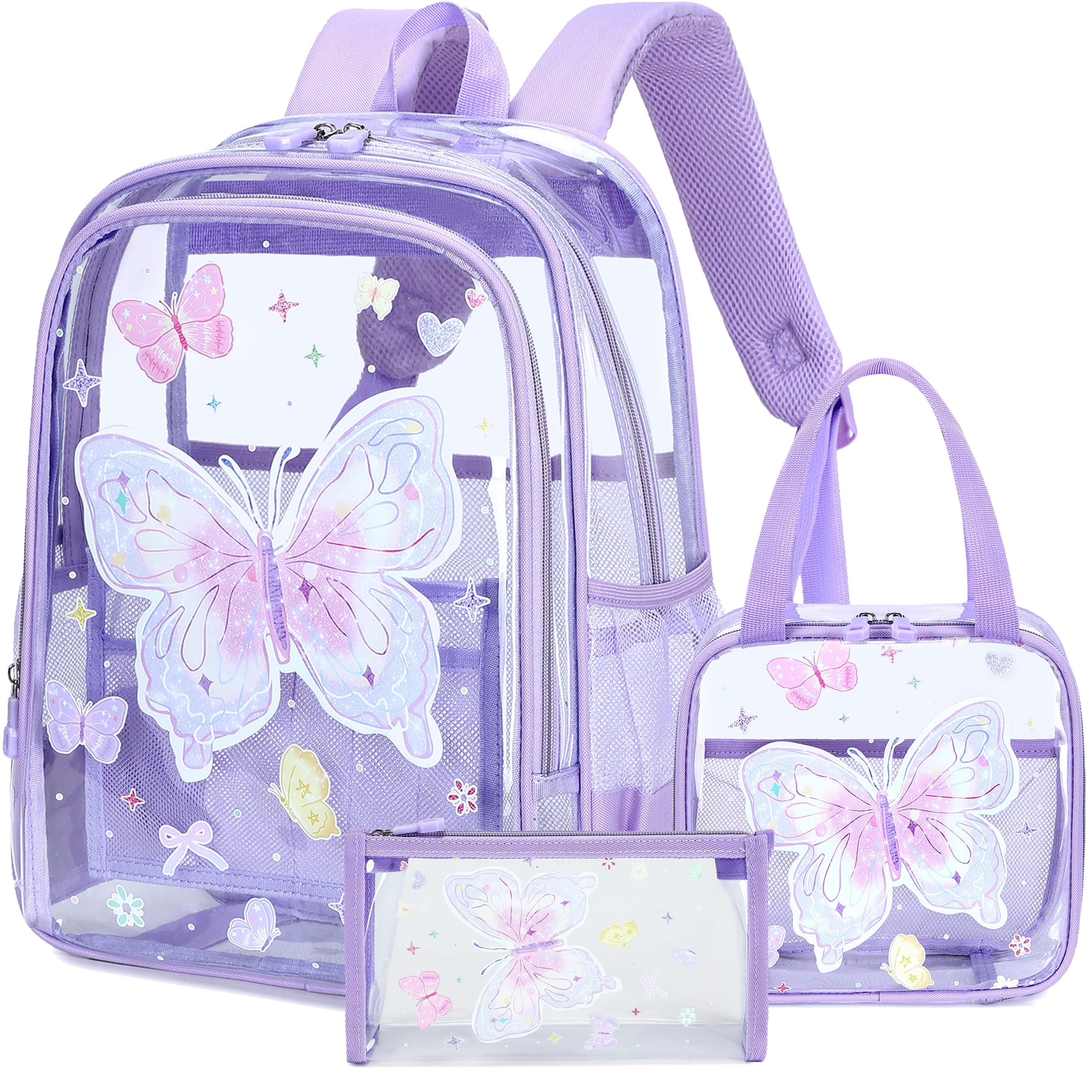 AO ALI VICTORY Clear Backpack for Boys Girls, Kids Backpack Set with Lunch Box Pencil Bag PVC Elementary Laptop Bookbag for School Students See
