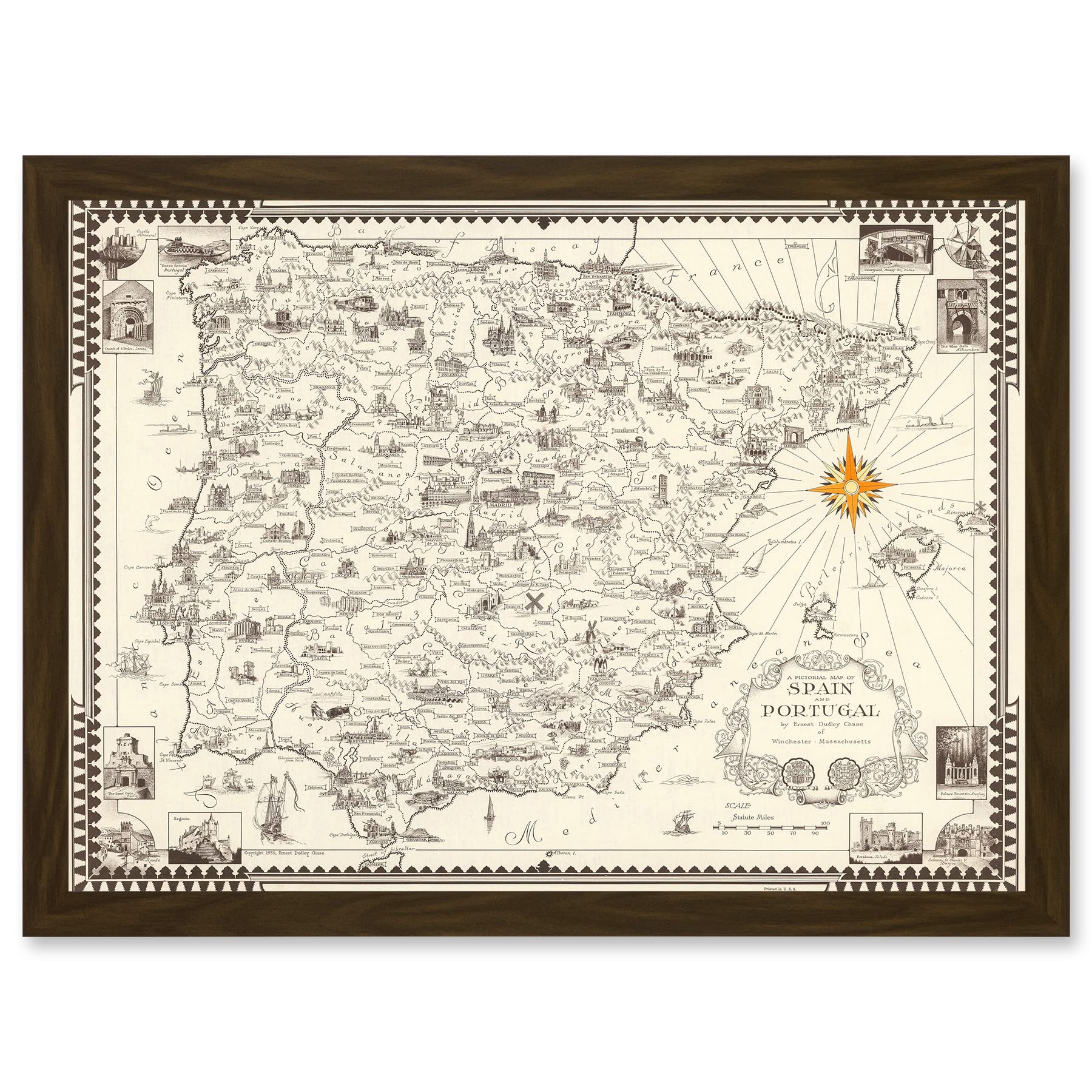 Ernest Dudley Chase 1935 Spain Portugal Pictorial Map - Framed Wall Art Print A4 - Vintage Artwork