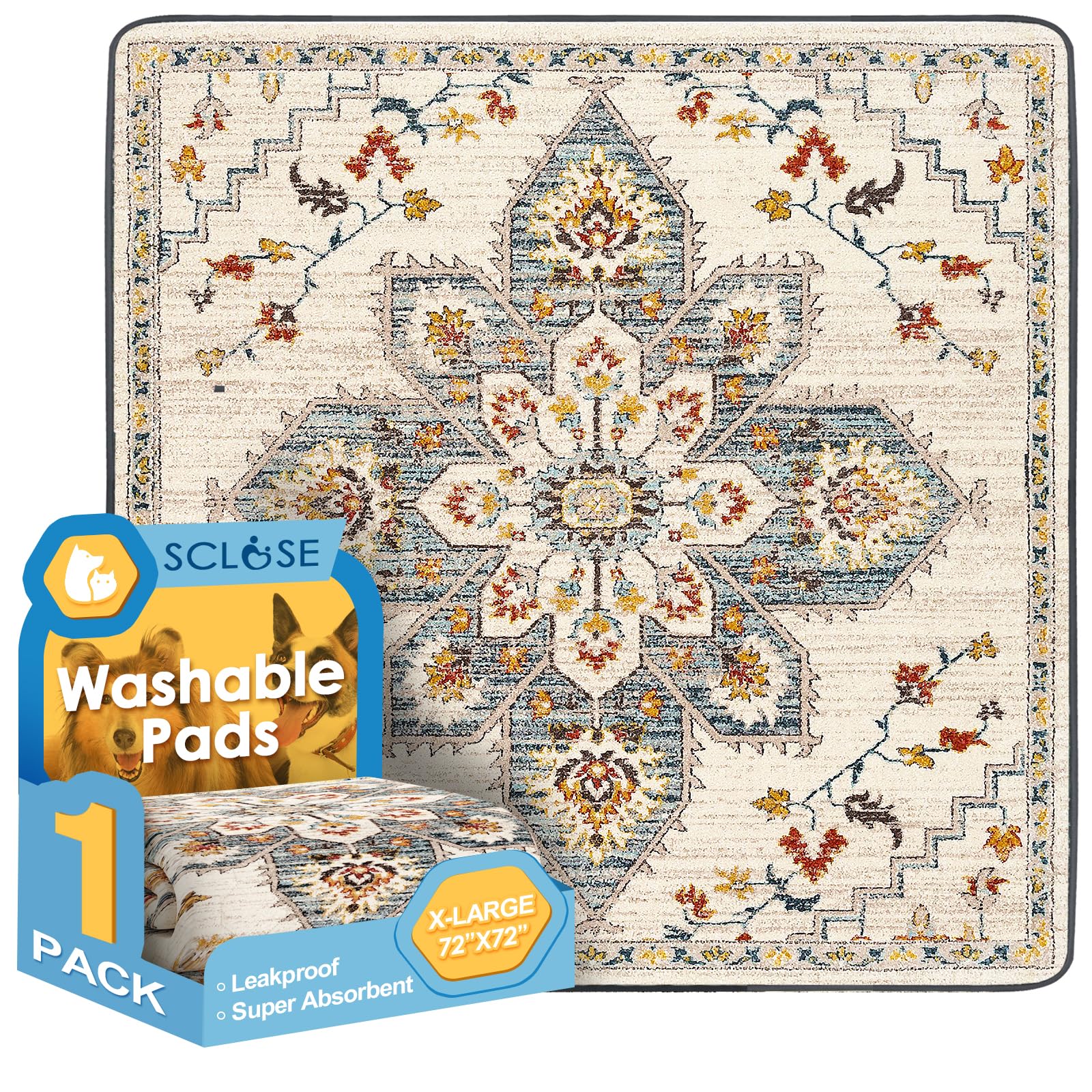 SCLOSE Washable Pee Pad for Dogs Extra Large, 72" x 72" Reusable Puppy Pads Waterproof Dog Rugs, Super Absorbent, Leakproof, Dog Crate Pad, Playpen Mat, Whelping Pads, White Medallion