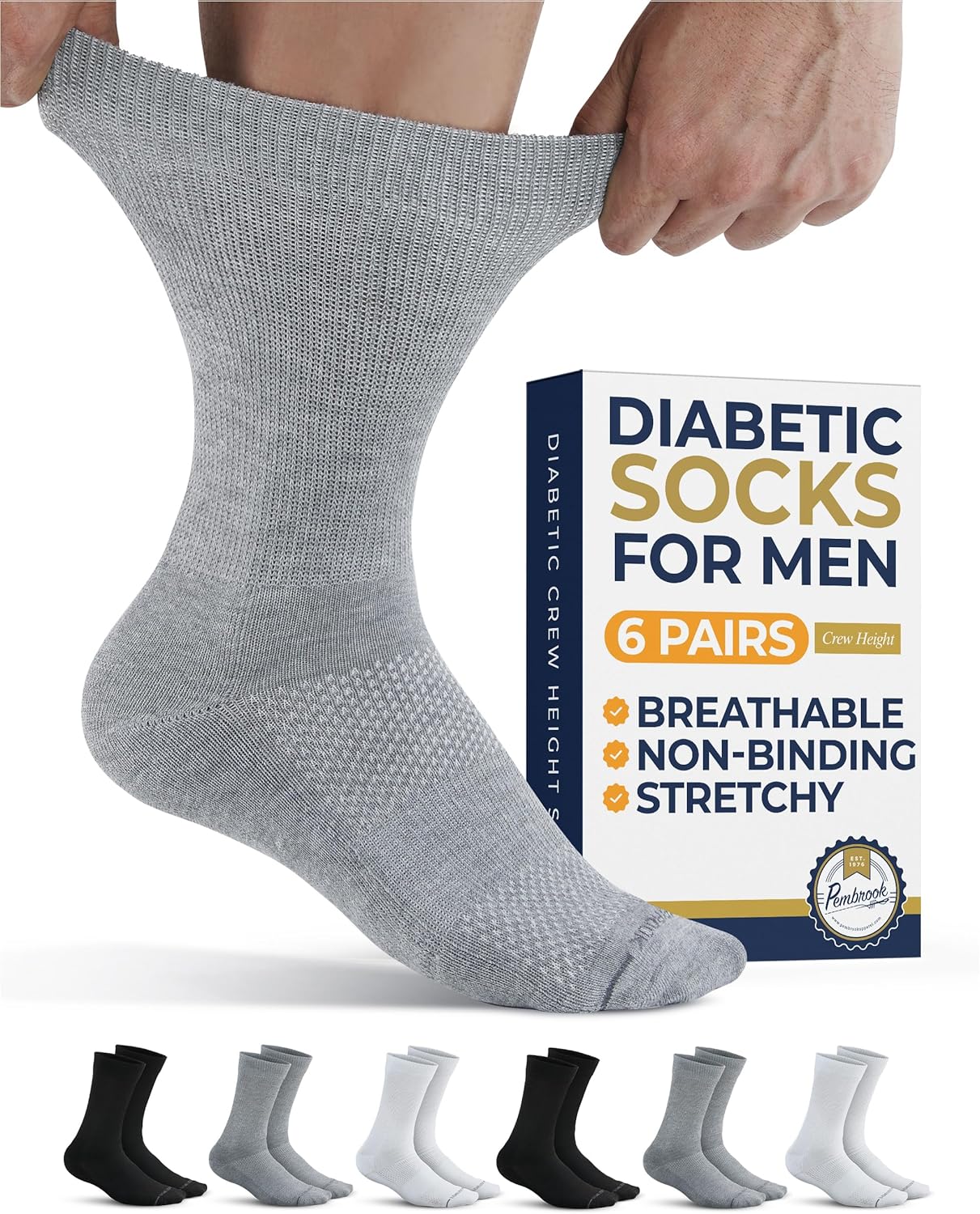 Pembrook Diabetic Socks for Men - 6 Pairs Crew Diabetic Neuropathy Socks for Men | Non Binding