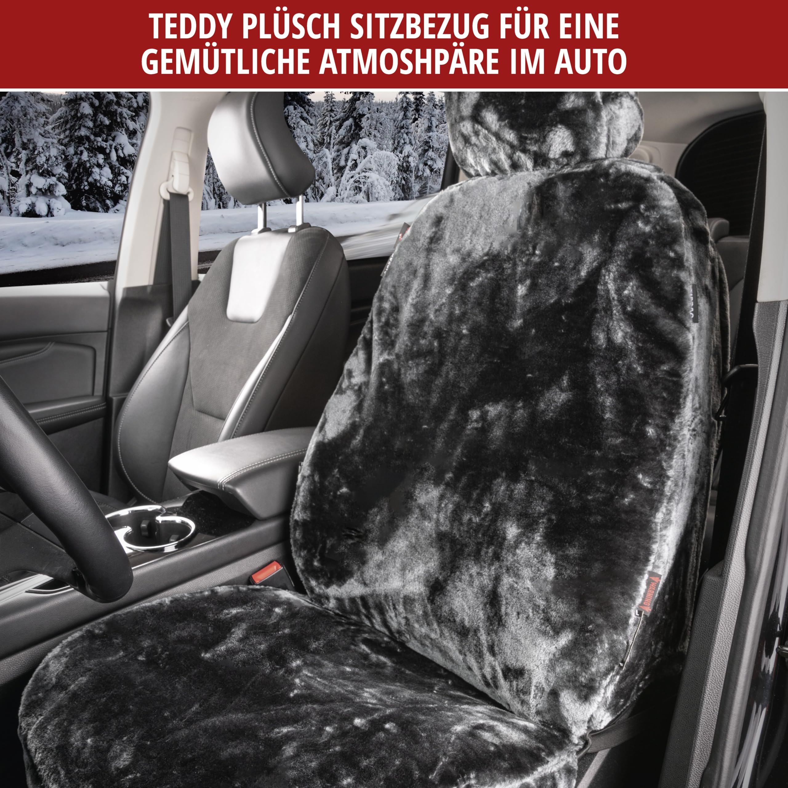 Walser Autositzbezug Teddy, Sitzbezug Kunstfell, Auto-Schonbezug in Lammfell-Optik, Flauschiger Plüsch-Schonbezug vegan anthrazit