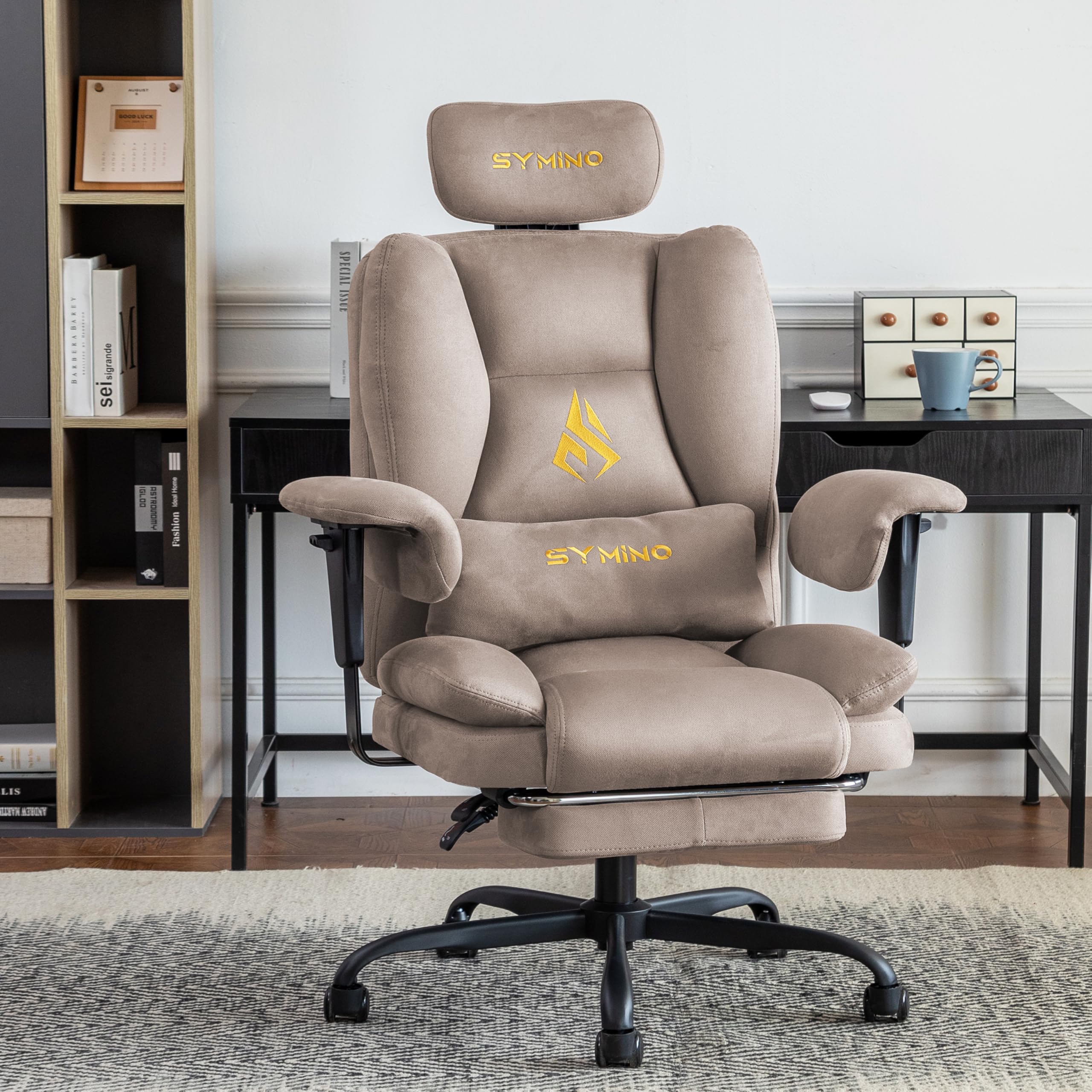 Symino Gaming Stuhl Chefsessel Bürostuhl Ergonomisch, Twill-Stoff Sofa-ähnliches Schreibtischstuhl mit Fußstütze Höhenverstellbarer Office Chair Computerstuhl 130kg, Braun
