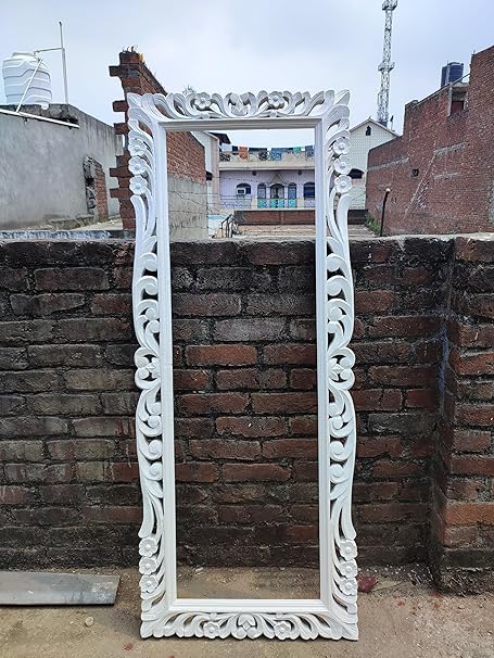 DENCOITRY Wooden Hand Carved Decorative Wall Mirror Frame for Bedroom || Home Decor || Living Room || Vertical or Horizontal Hanging || Glossy White || Without Mirror ||