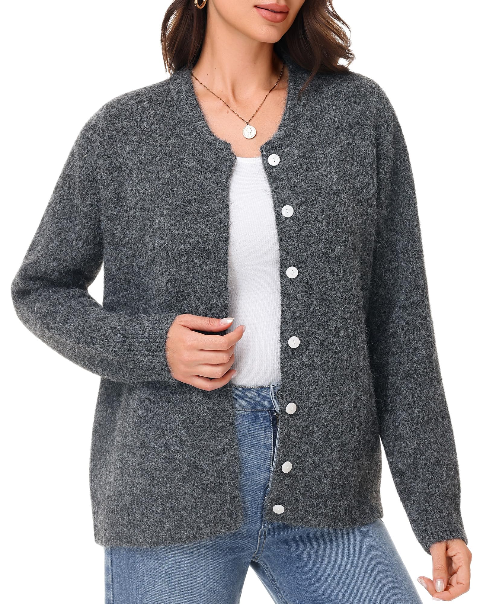 Womens Long Sleeve Sweater Cardigan Button Down Crew Neck Lightweight Cardigan Fall Open Front Loose Knit Sweater
