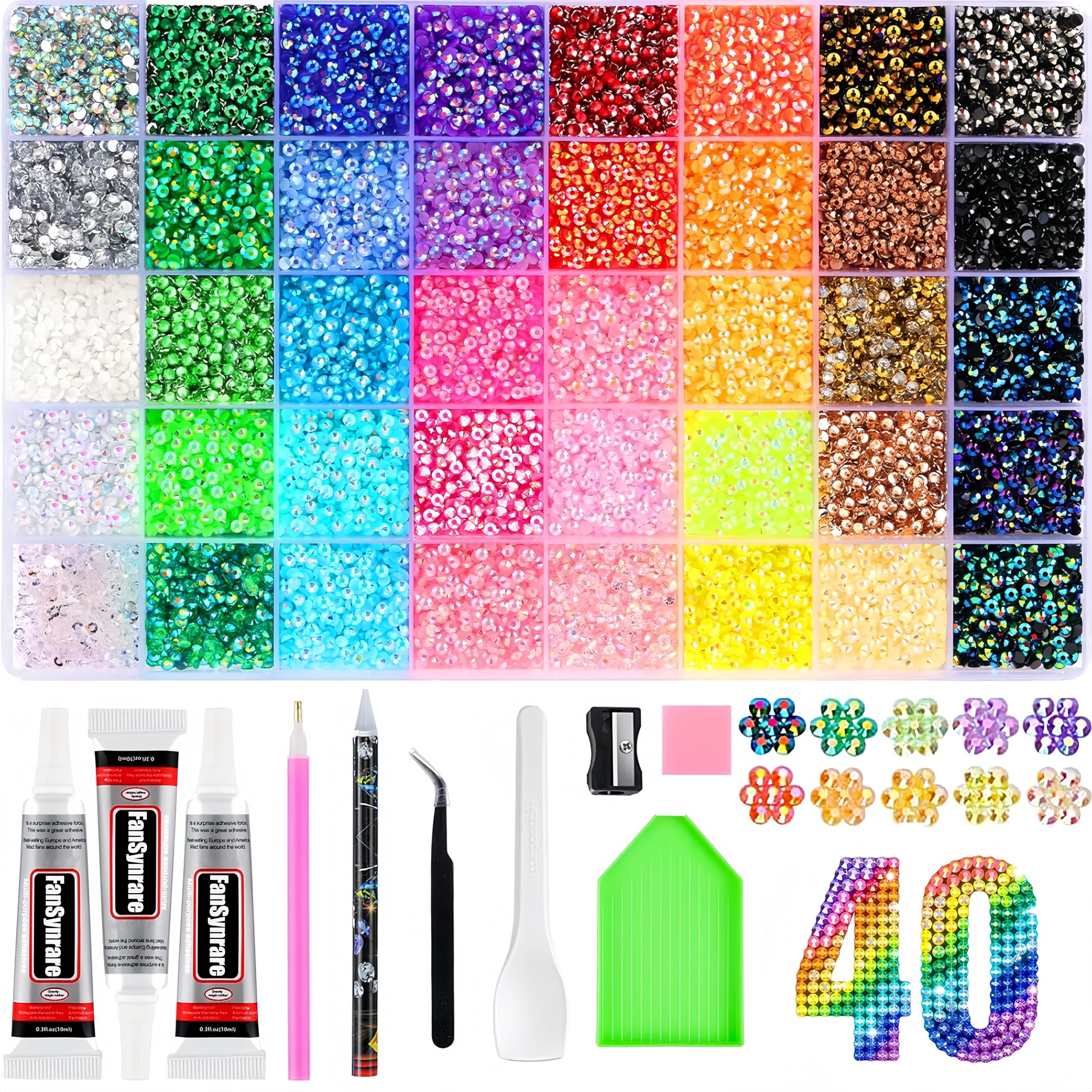 40 kolorów Zestaw Bedazzling 3mm, 32000 płaskich kryształów jelly z żywicy, zestaw DIY z pisakiem, pincetą i 3 tubki kleju do paznokci, butów, ubrań i etui telefonu (1)