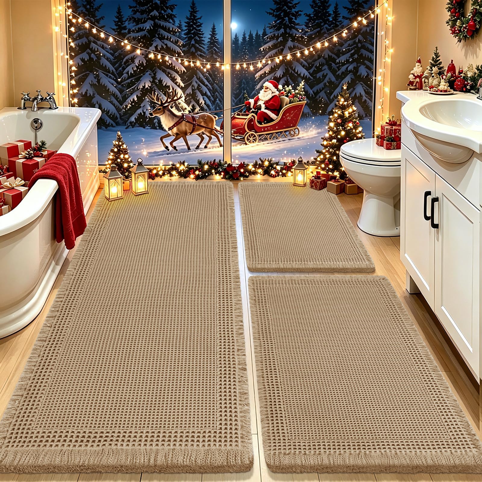 Upgrade Waffle Bath Mat Set 3 Piece, Boho Bathroom Rugs Absorbent Non Slip, Ultra Soft Bathroom Mat, Machine Washable Knit Bath Rugs with Border for Bathroom, Bedroom, Kitchen, Shower, Tub, Beige