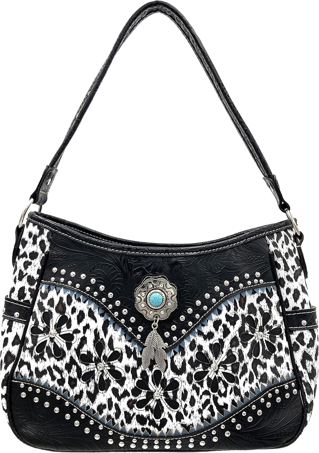 Leopard Animal Print Concealed Carry Feather Concho Country Vintage Western Handbag Hobo Purse