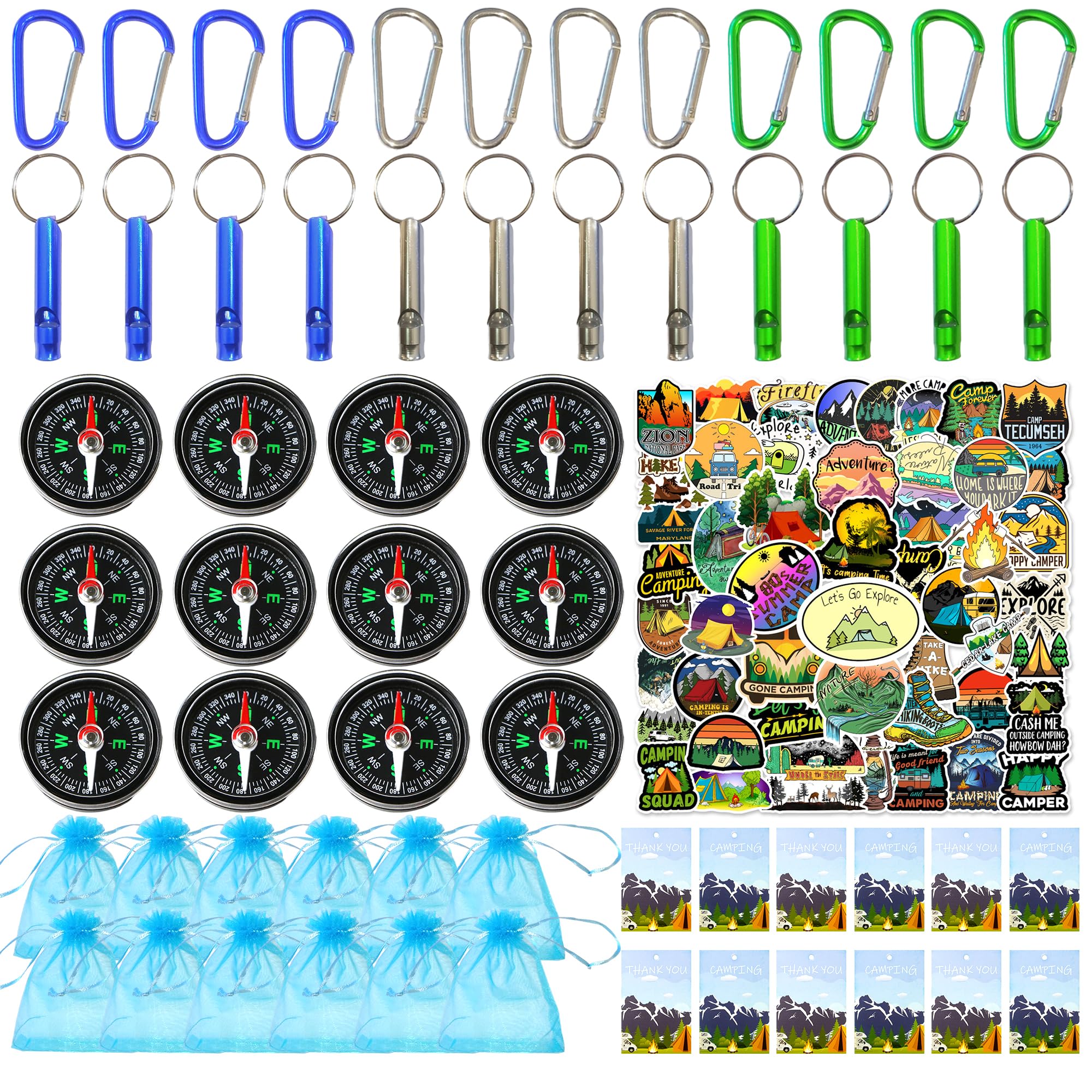 110PCS Camping Happy Birthday Party Favors Gift Bag Kits with Camp Compass, Hiking Whistles Keychain Carabiner, Camping Stickers Decorations for