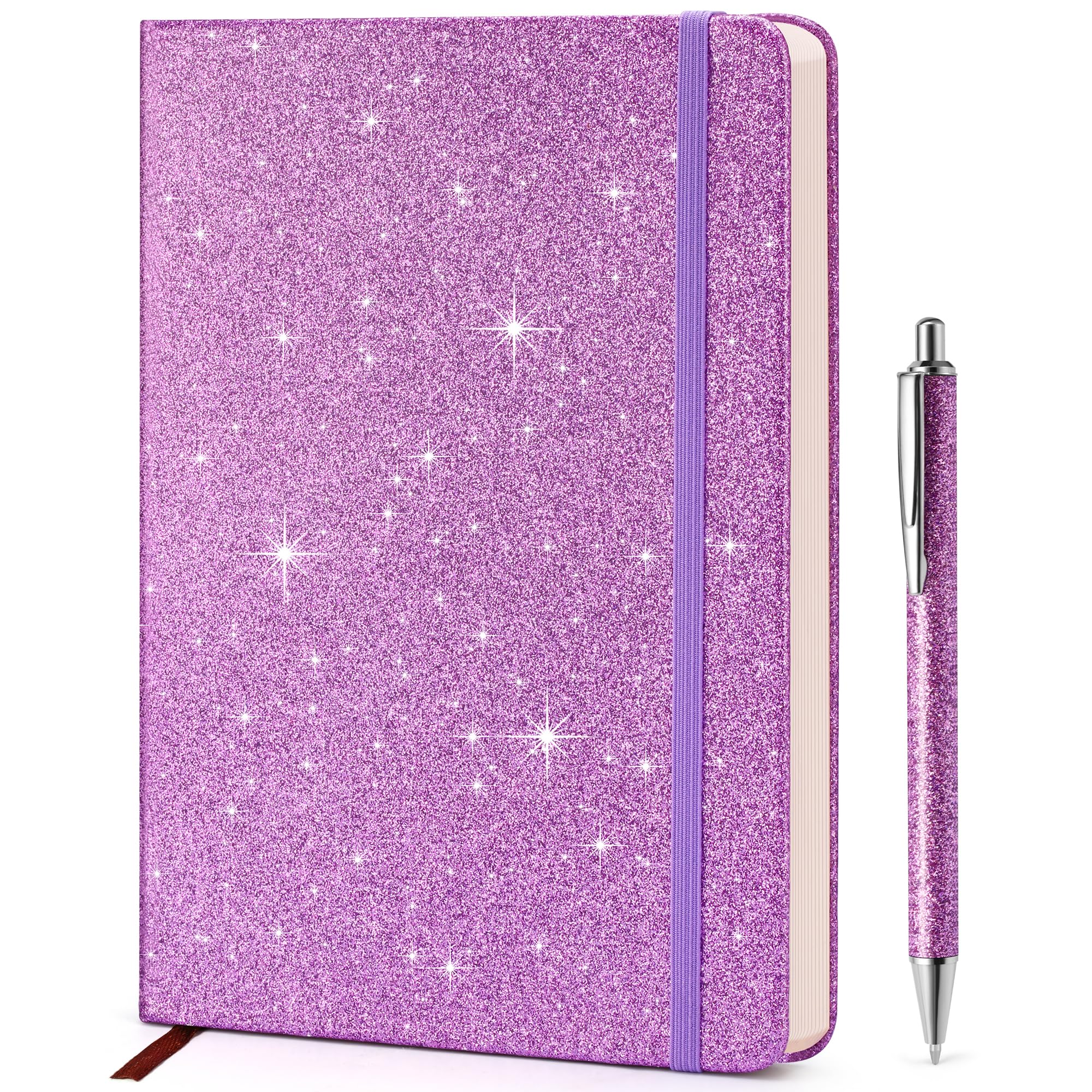 Purple Glitter Notebook, 8.4"x 5.7", 200 Lined Pages, No-Shed Sparkle Journal for Girls & Women, A5 Hardcover Diary for Writing, Birthday Gift for Teen Kids, Trendy Stuff for 6 8 9 10 11 12 Year Old