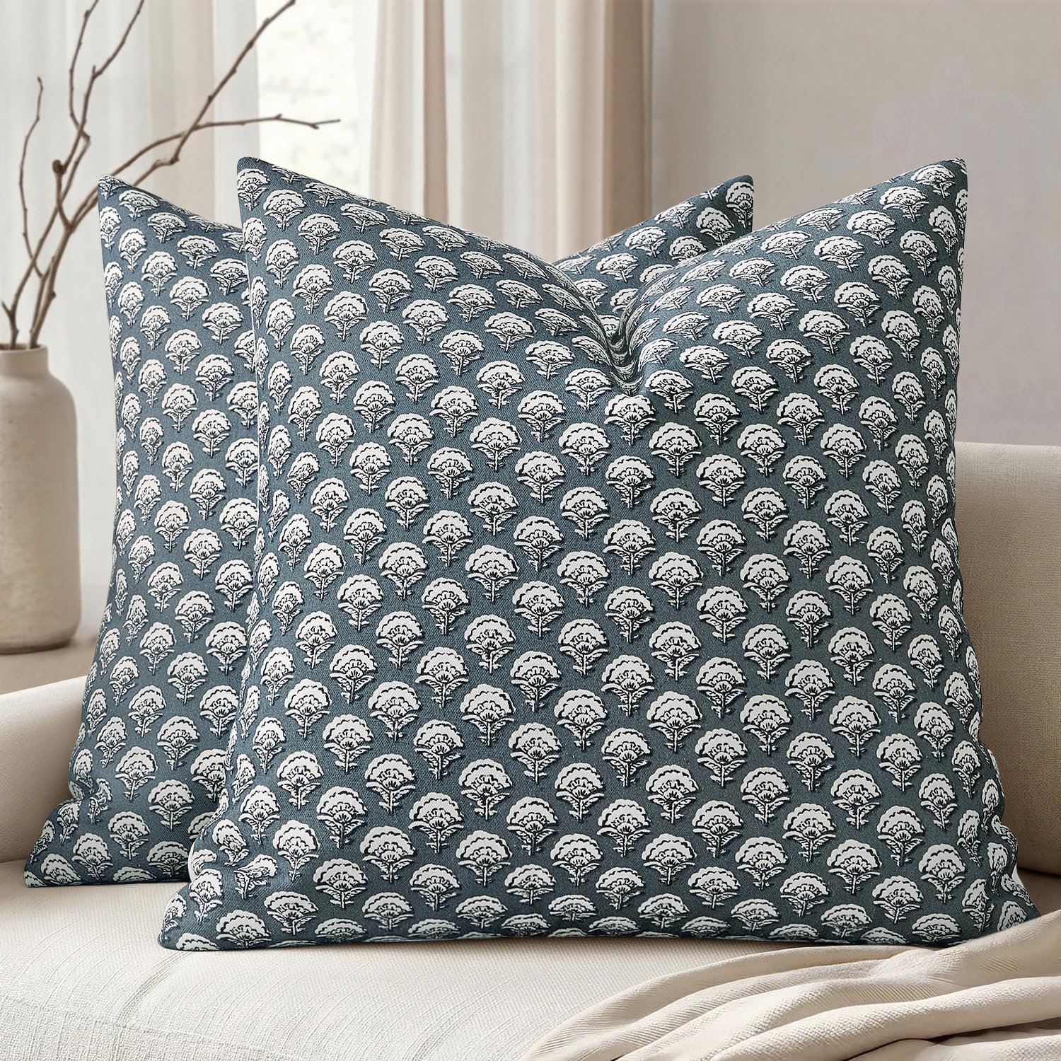 MIULEE Set of 2 Decorative Floral Pillow Covers Neutral Vintage Throw Pillows Block Print Boho Farmhouse Cushion Covers for Modern Spring Home Decor Couch Sofa Bed Living Room, 18x18 Inch, Light Taupe — view 10