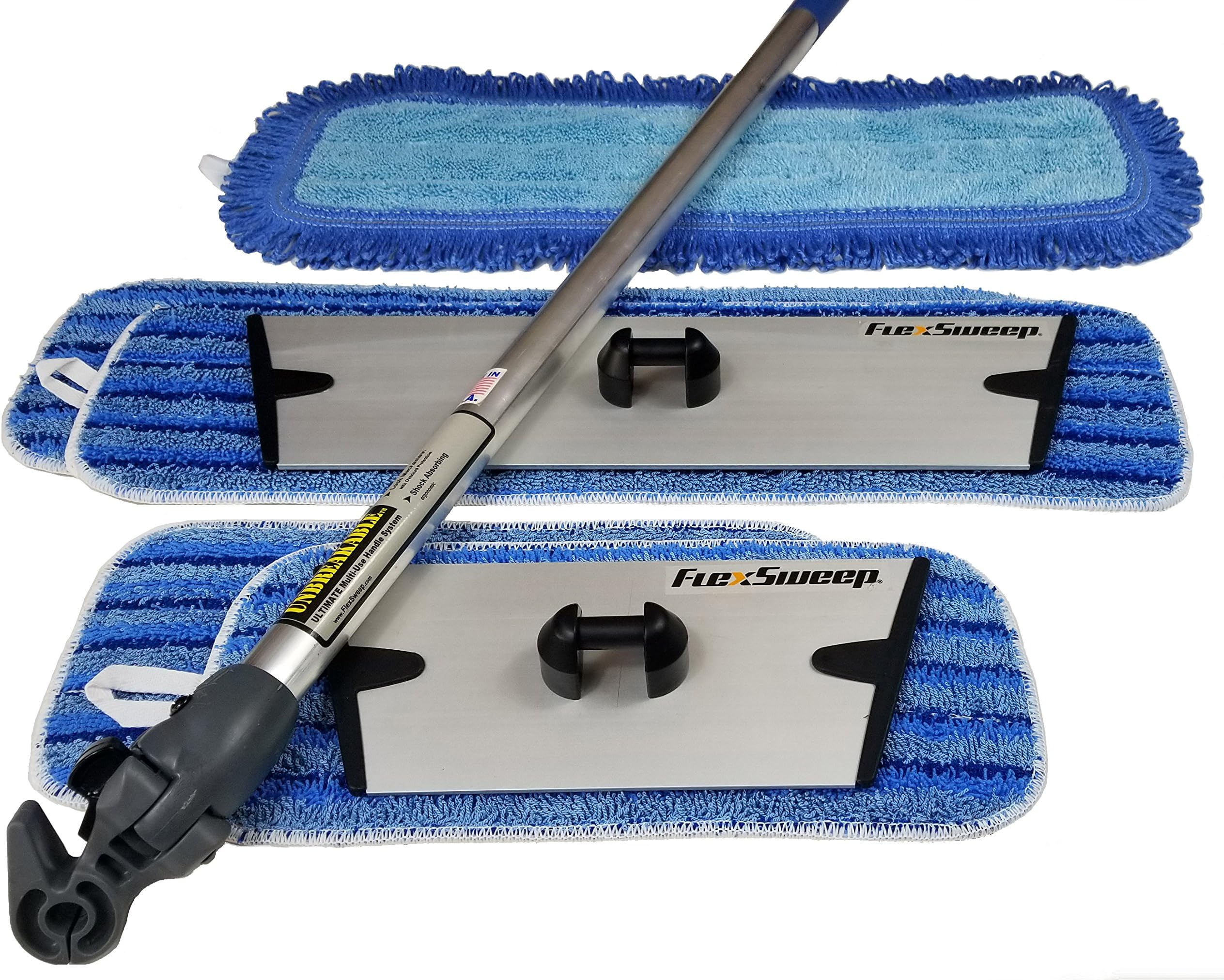 FlexSweep Patented Easy-Clean Microfiber Flat Mop System with Unbreakable Handle, Easy Snap-On 9 Inch and 18 Inch Frames, Microfiber Wet Scrub Pads, and Dry Dust Pads